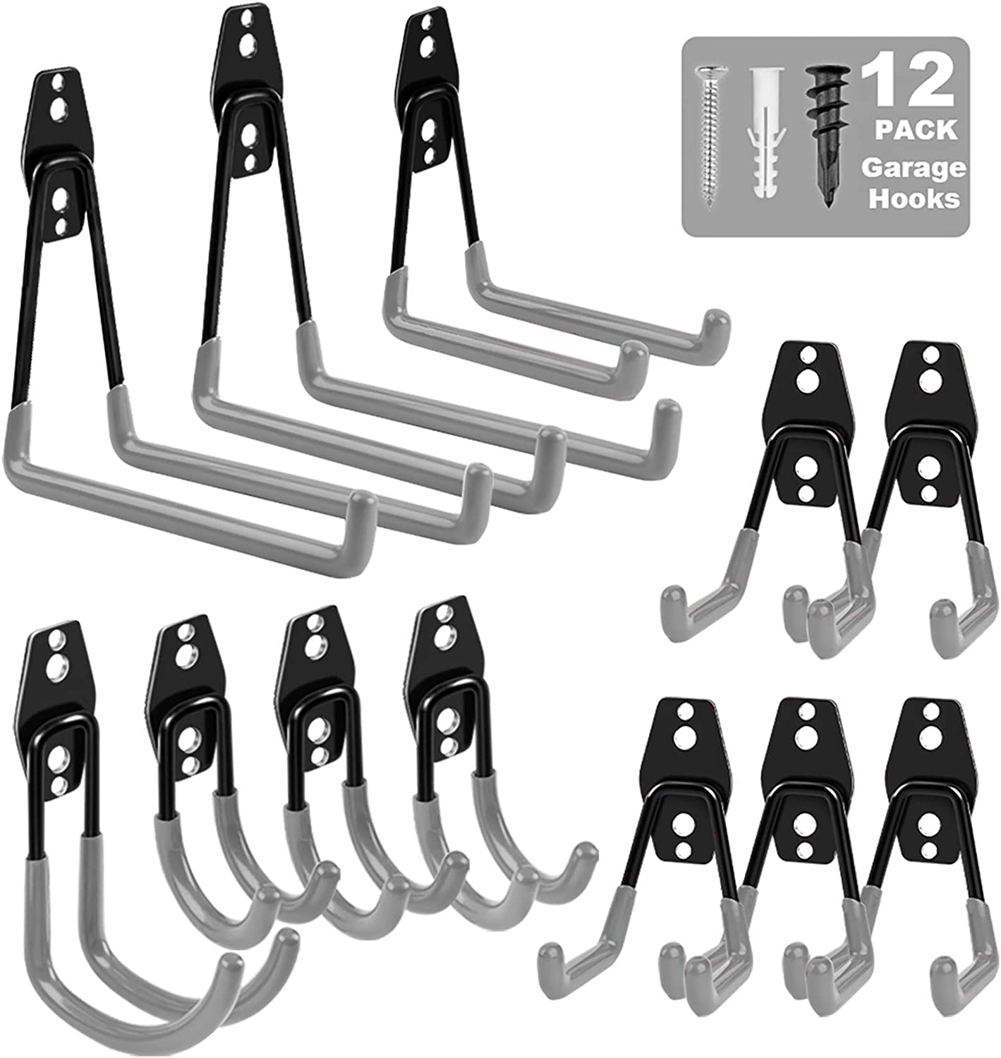 Garage Hooks Heavy Duty 12 Pack, Steel Garage Storage Hooks, Tool Hangers for Garage Wall Utility Wall Mount Garage Hooks and Hangers with Anti-slip Coating for Garden Tools, Ladders, Bulky Items Gray