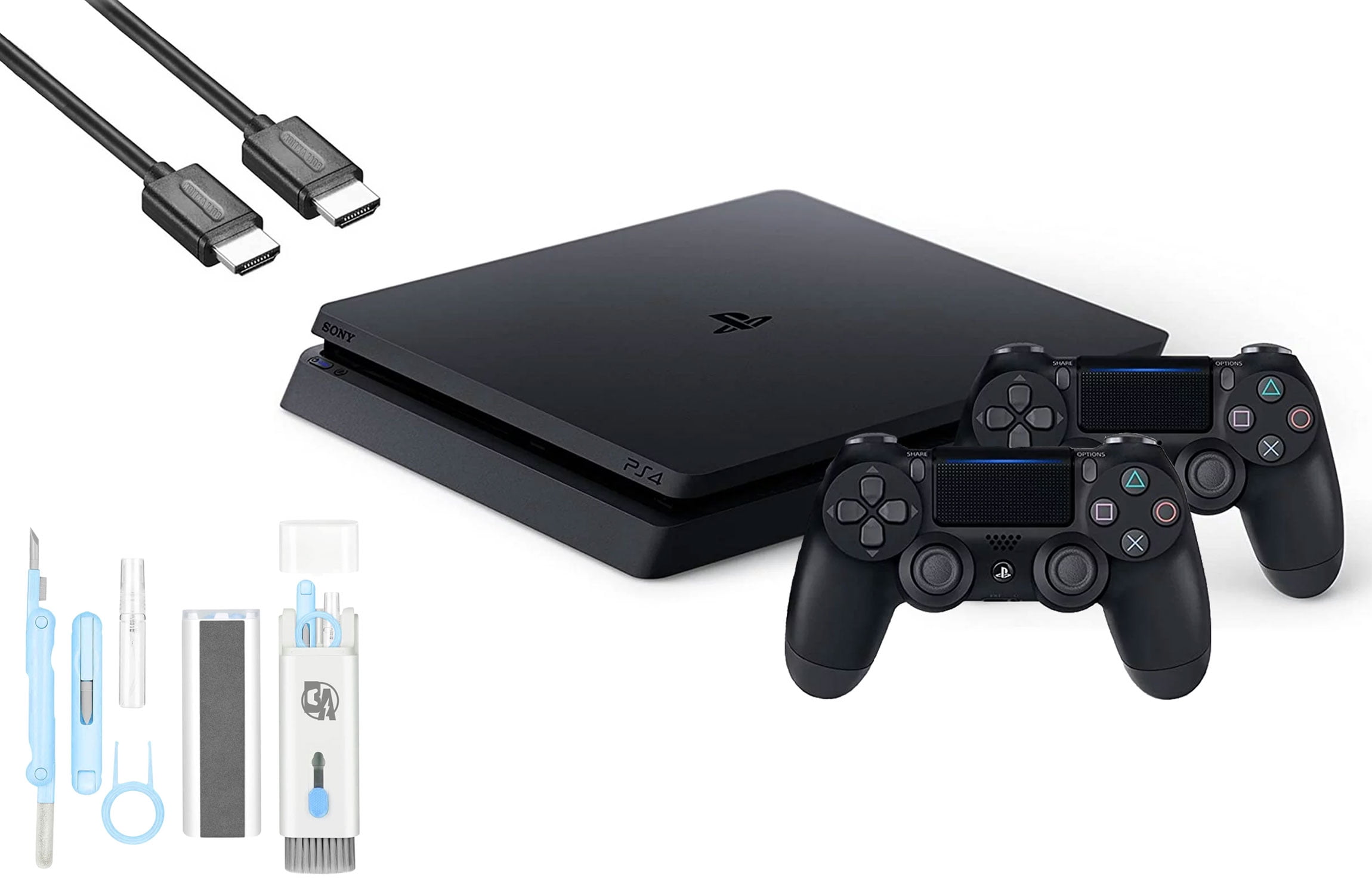 Sony 2215B PlayStation 4 Slim 500GB Gaming Console Black, HDMI Cable 2 Controller With BOLT AXTION Cleaning Kit Bundle Like New
