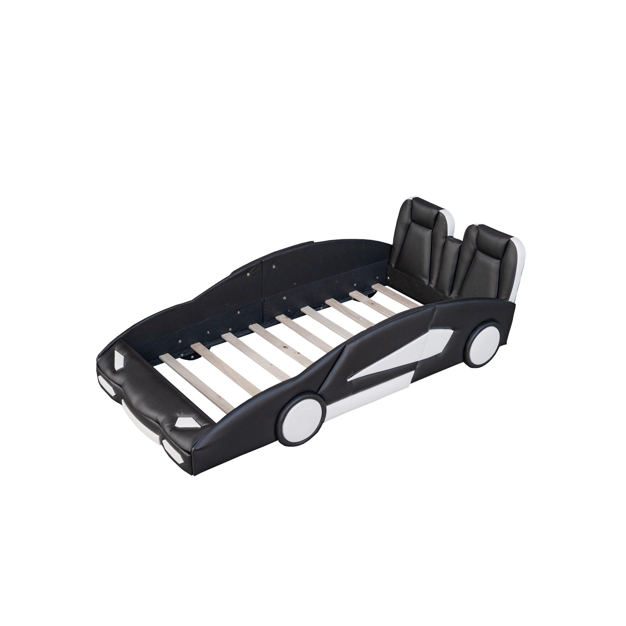 Twin Size Modern Wood Race Car-Shaped Plattform Bed with Seat Wingback & Wheels, Floor Bed for Boys Girls, No Box Spring Needed Black - Twin