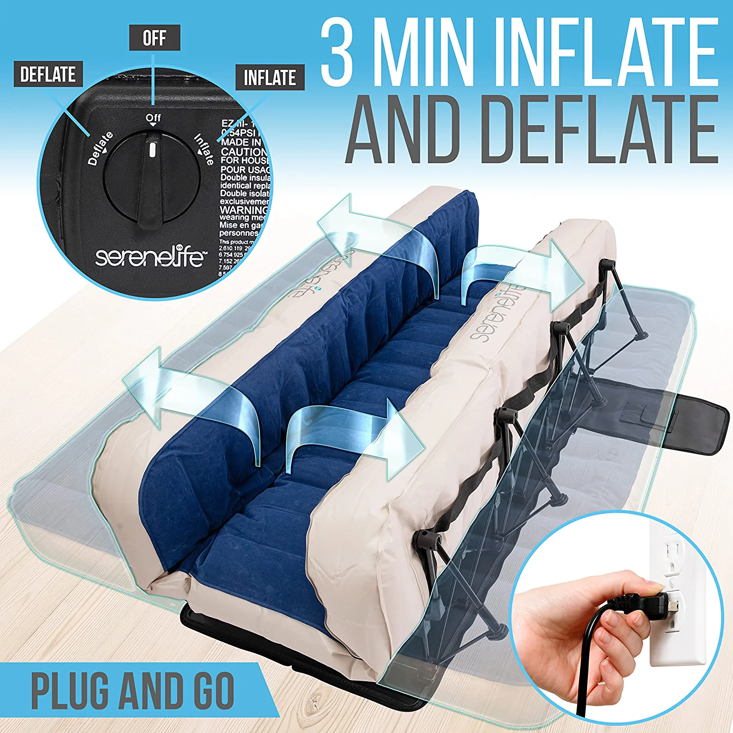 SereneLife EZ Air Mattress W/ Frame & Rolling Case, Foldable Self-Inflating Air Bed W/ Pump, Queen