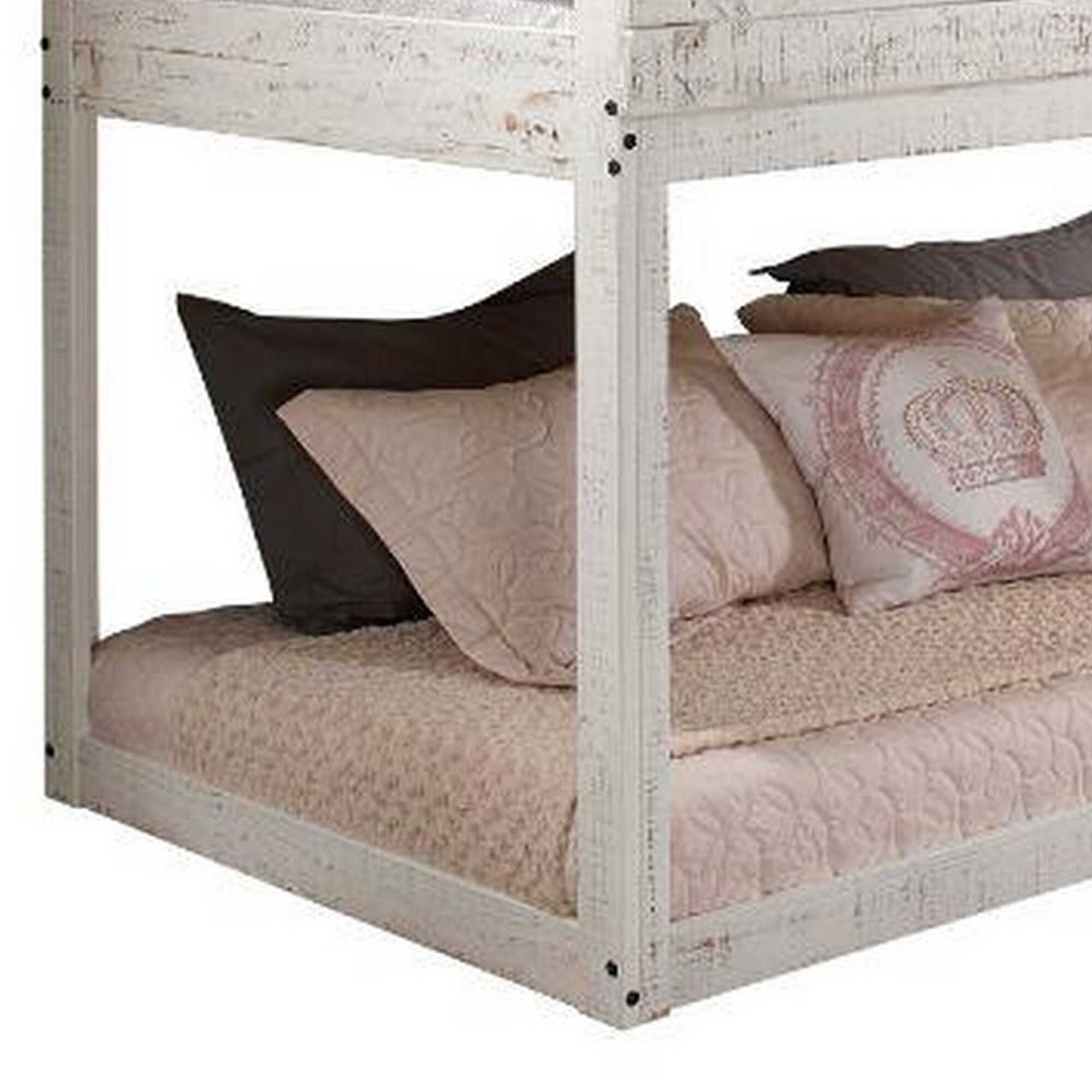 Wooden Twin Bunk Bed with House Design, White and Brown