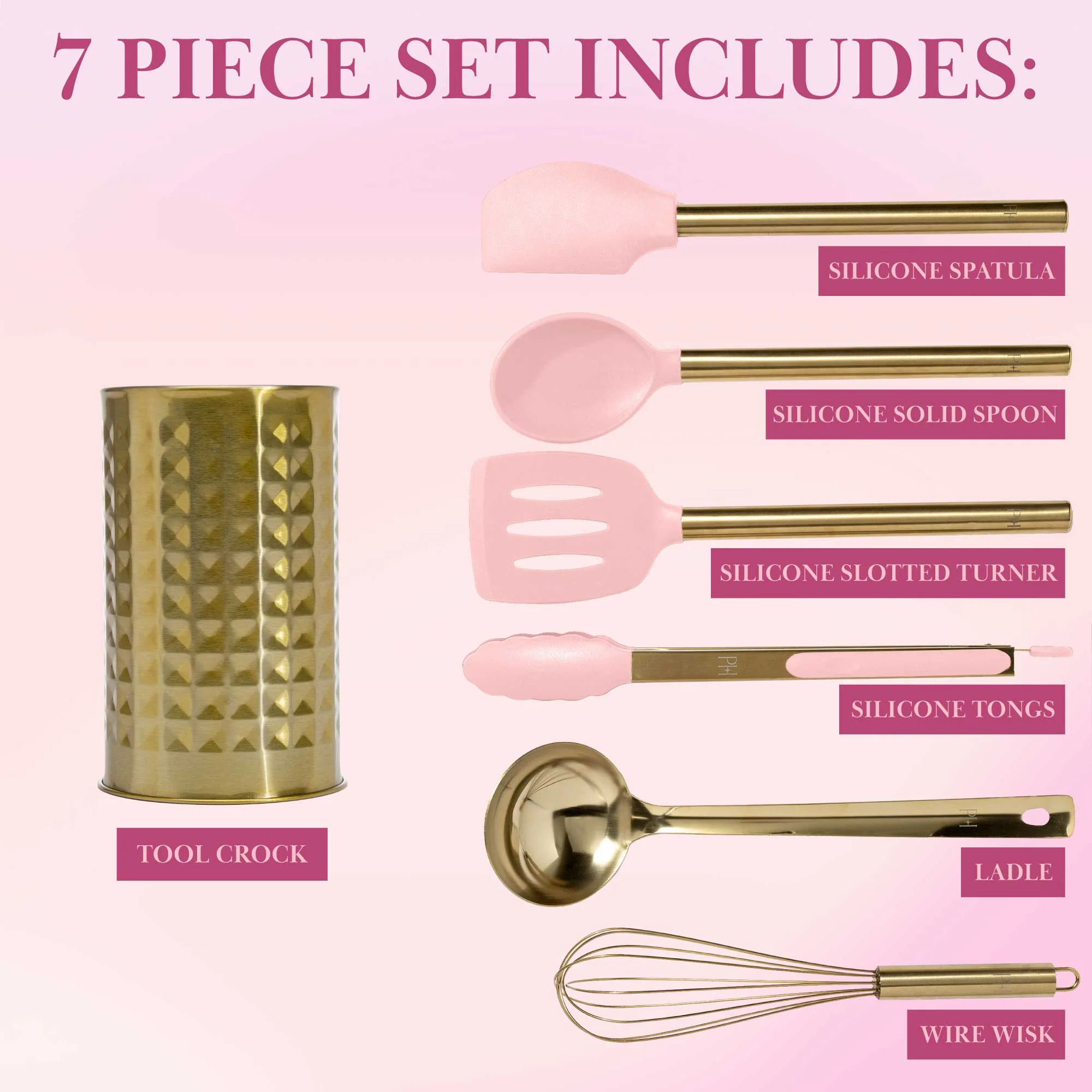 Paris Hilton 7-Piece Cooking Utensils Set, Silicone and Stainless Steel, Pink