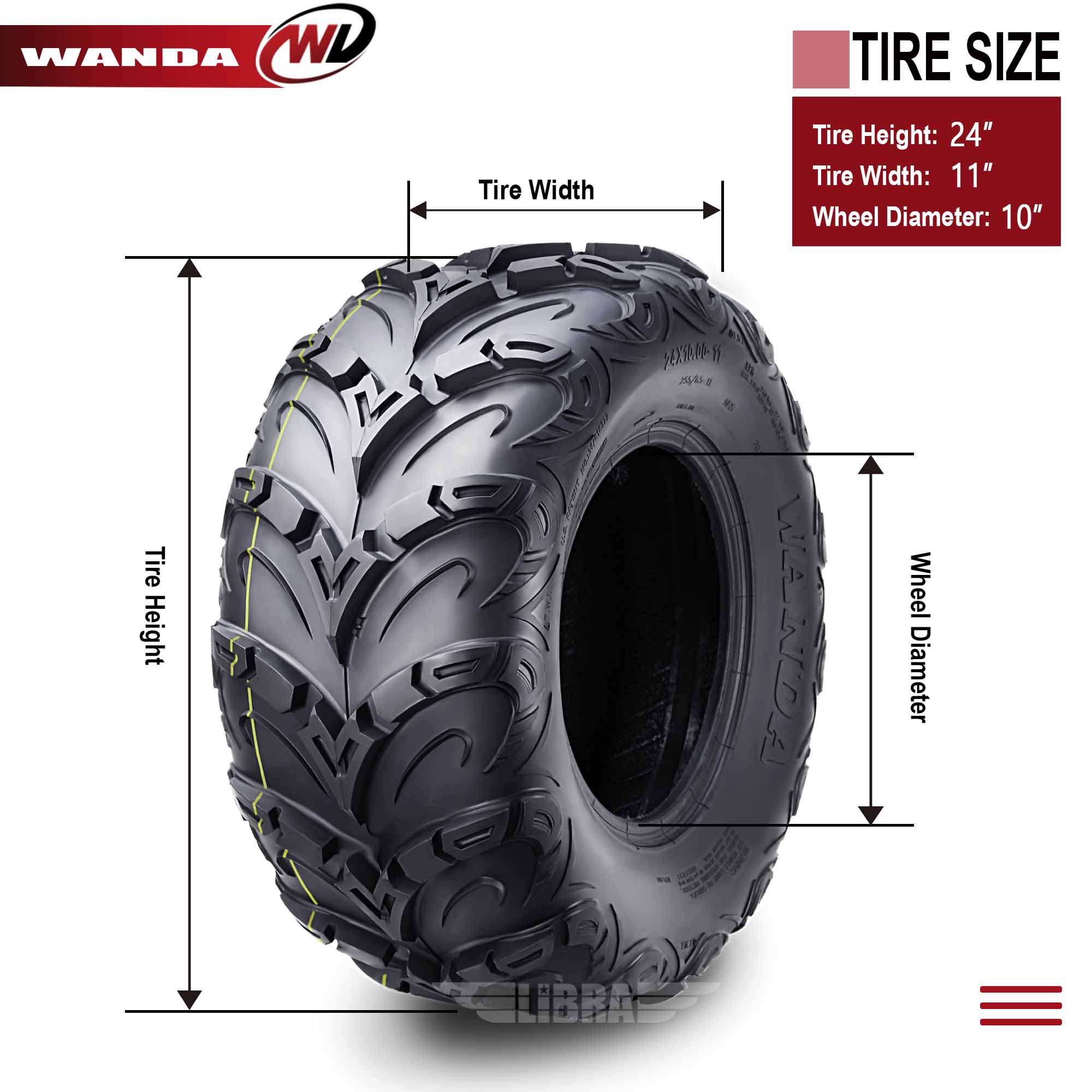WANDA Premium 8 Ply ATV / UTV Tires 24x11-10 24x11x10 Mud Sling, Set 2