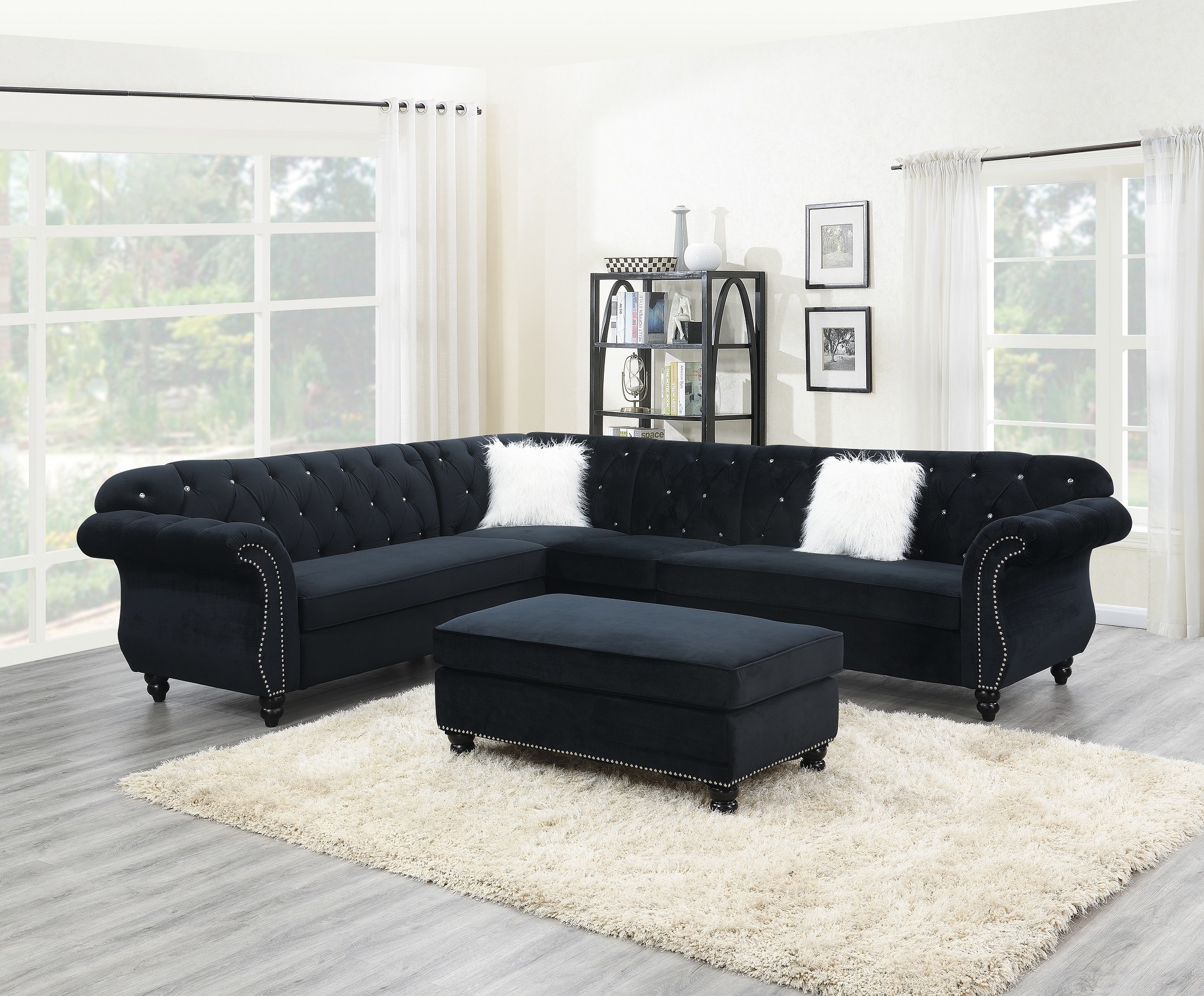 LANTRO JS Living Room XL Cocktail Ottoman Black Velvet Accent Studding Trim Wooden Legs