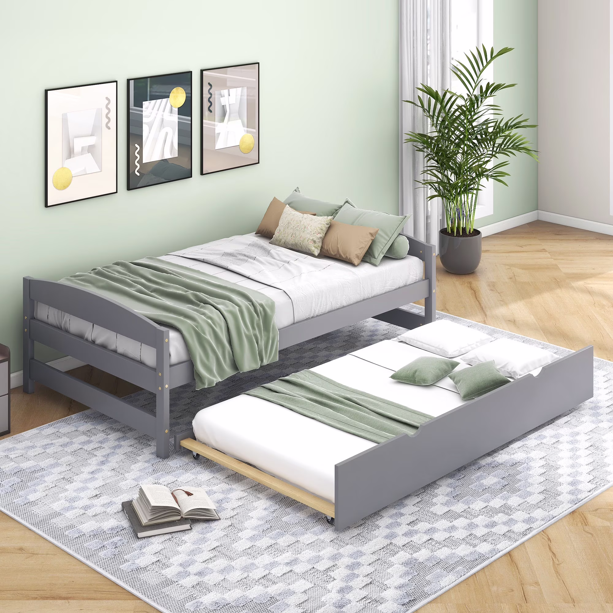 Euroco Twin Size Platform Bed with Trundle, Low Profile Easy Assembly DayBed, Gray