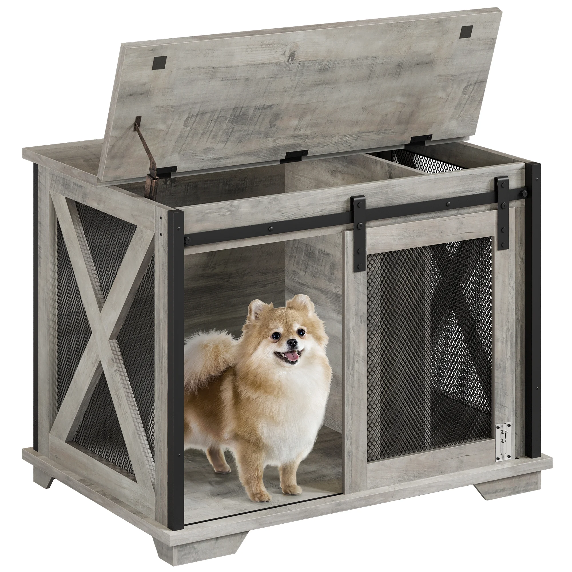 37'' Dog Crate Furniture Side End Table with Flip Top and Movable Divider, Wooden Dog Crate Table Large, Style Dog Kennel Side End Table