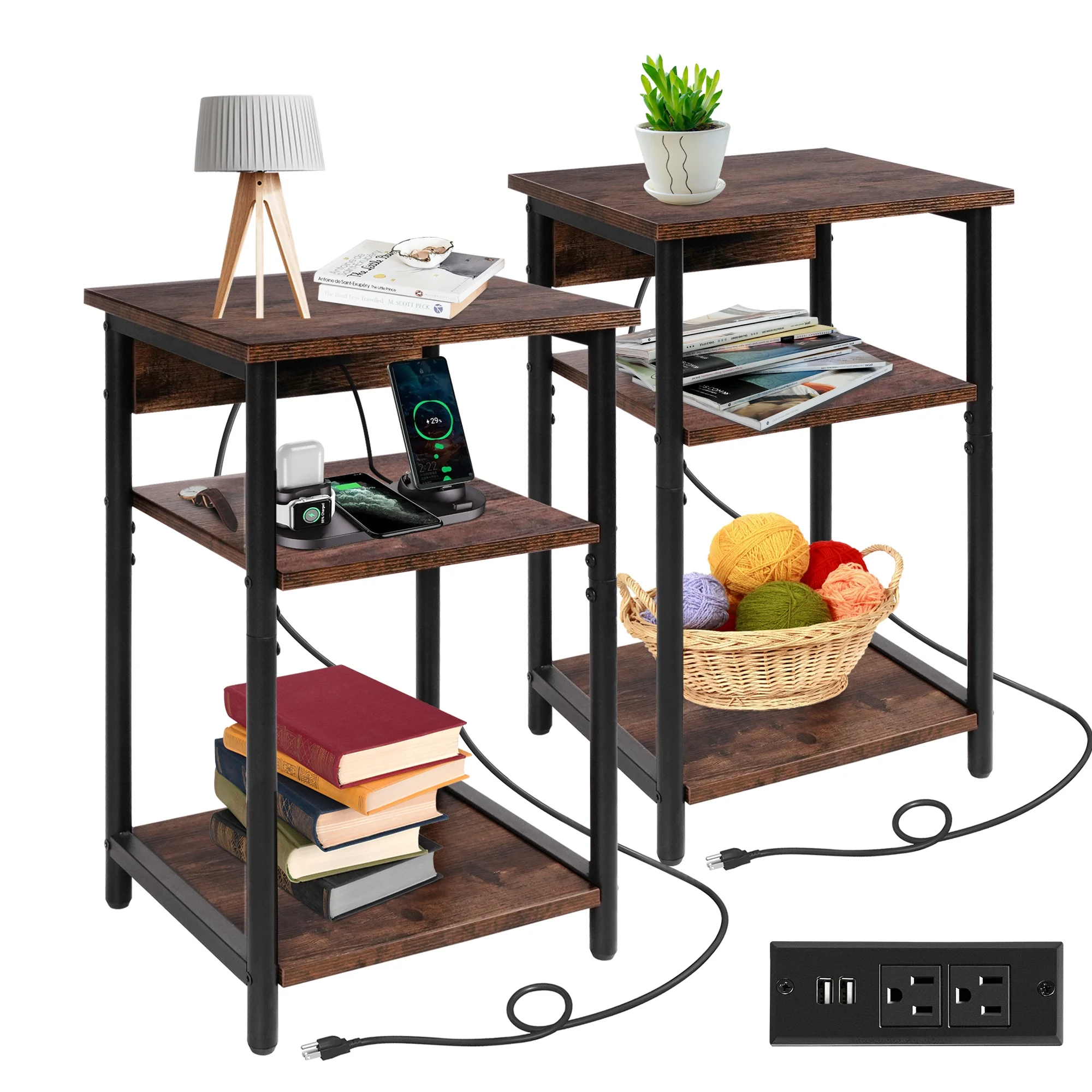 3-Tier Nightstand with Charging Station USB Ports Power Outlets, Modern End Side Table with Storage Shelf and Stable Metal Frame, Rustic Wooden Bedside Table for Small Spaces and Bedroom, 2 Pack