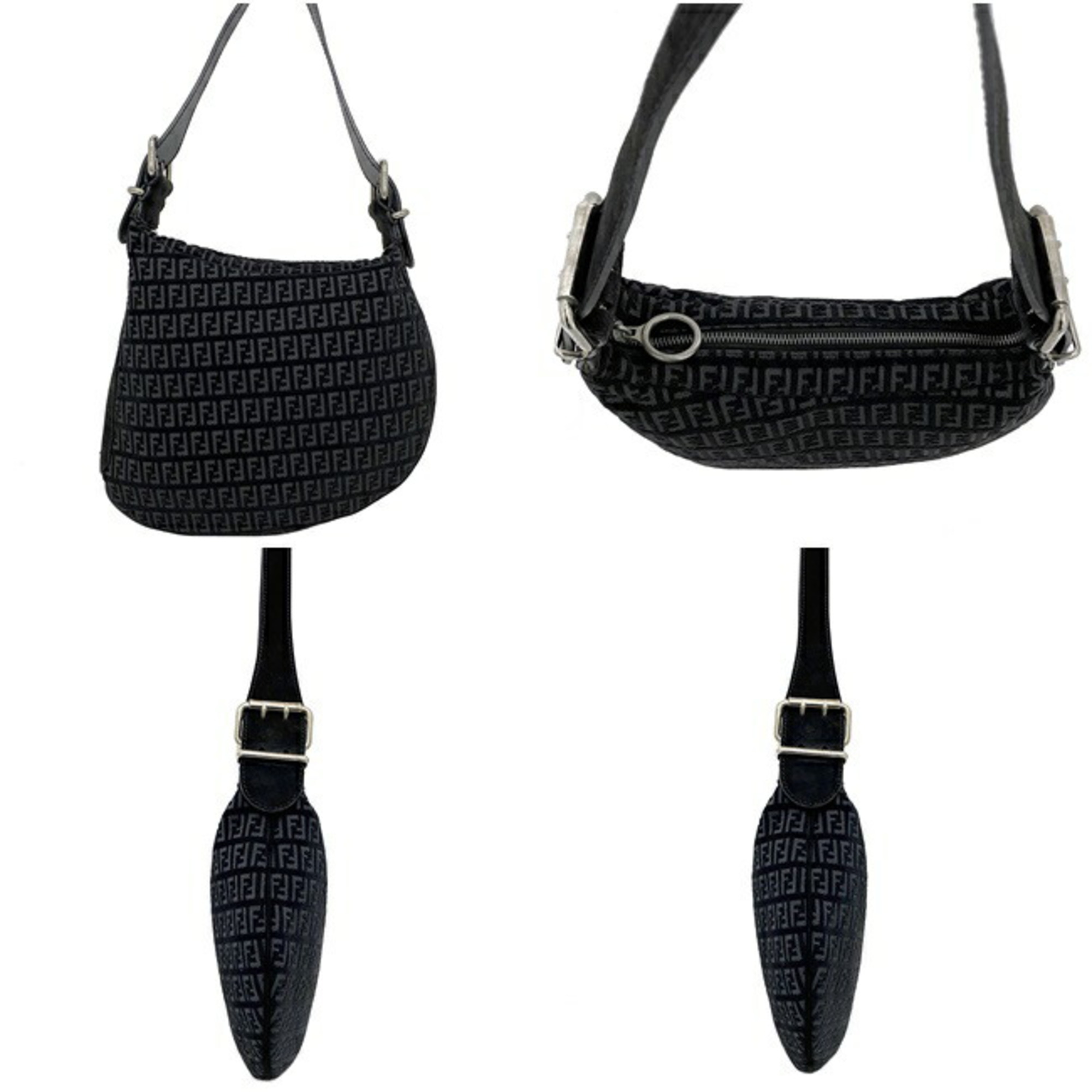 Pre-Owned Fendi One Shoulder Bag Black Silver Zucca Suede Leather FENDI Handbag Women's (Good)