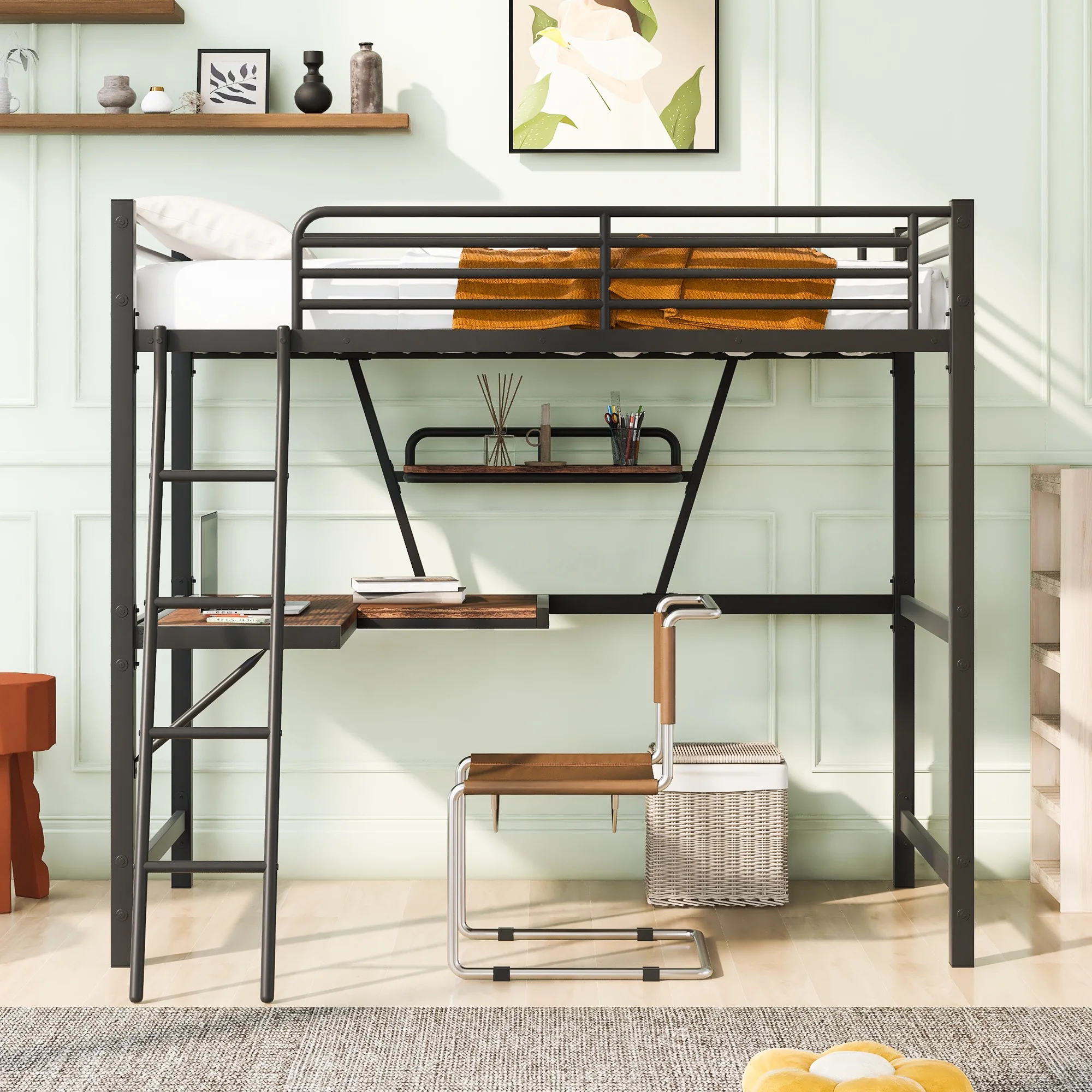 Euroco Metal Loft Bed with Desk and Shelf for Kids, Black