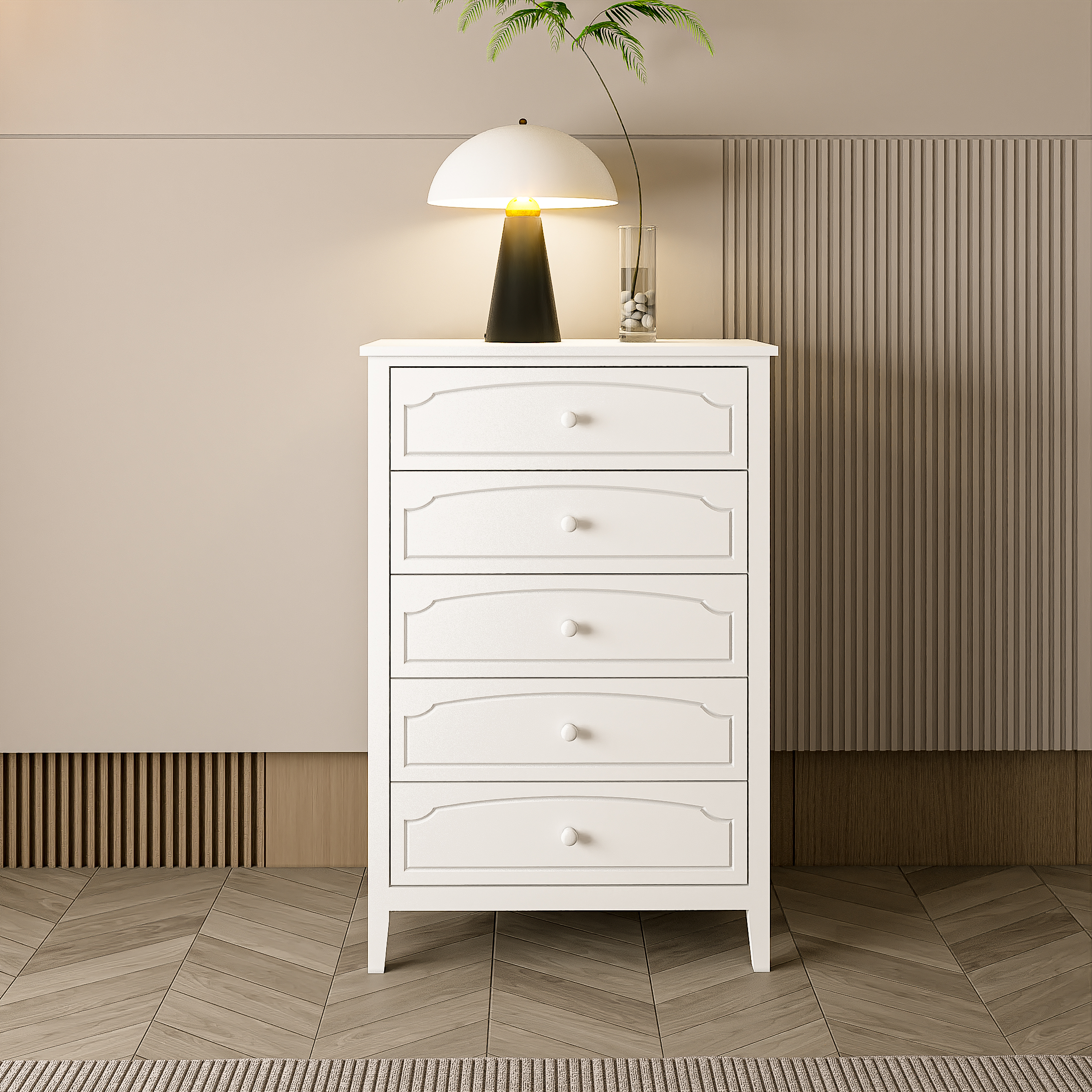 Contemporary Roman Style Dresser - Solid Wood 5 Drawers Chest, Bedroom Furniture with Drawer Storage, Ideal for Bedroom, Closet Organization, and Living Room-White
