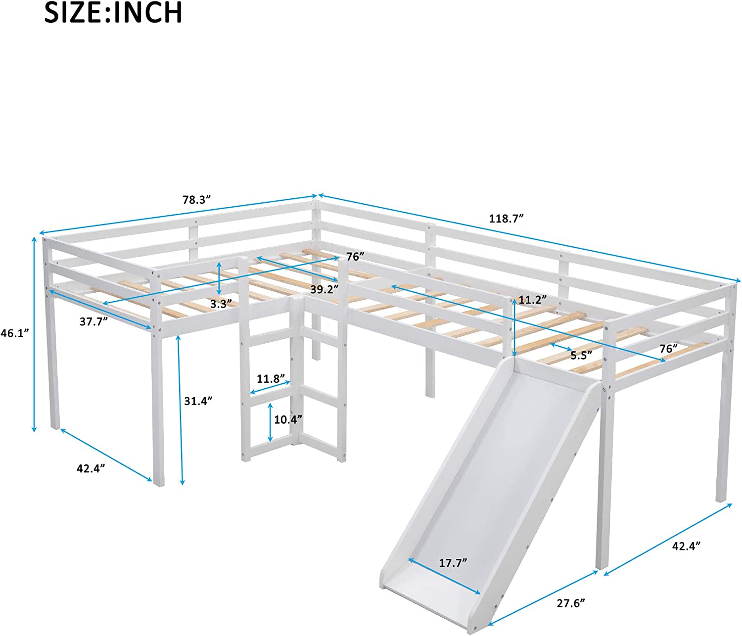 Two Loft Bed L Shaped Buk Bed Wi 2 Ladders Ad Slide, Buk Bed For Family, Kids, Tees, o Box Sprig eeded