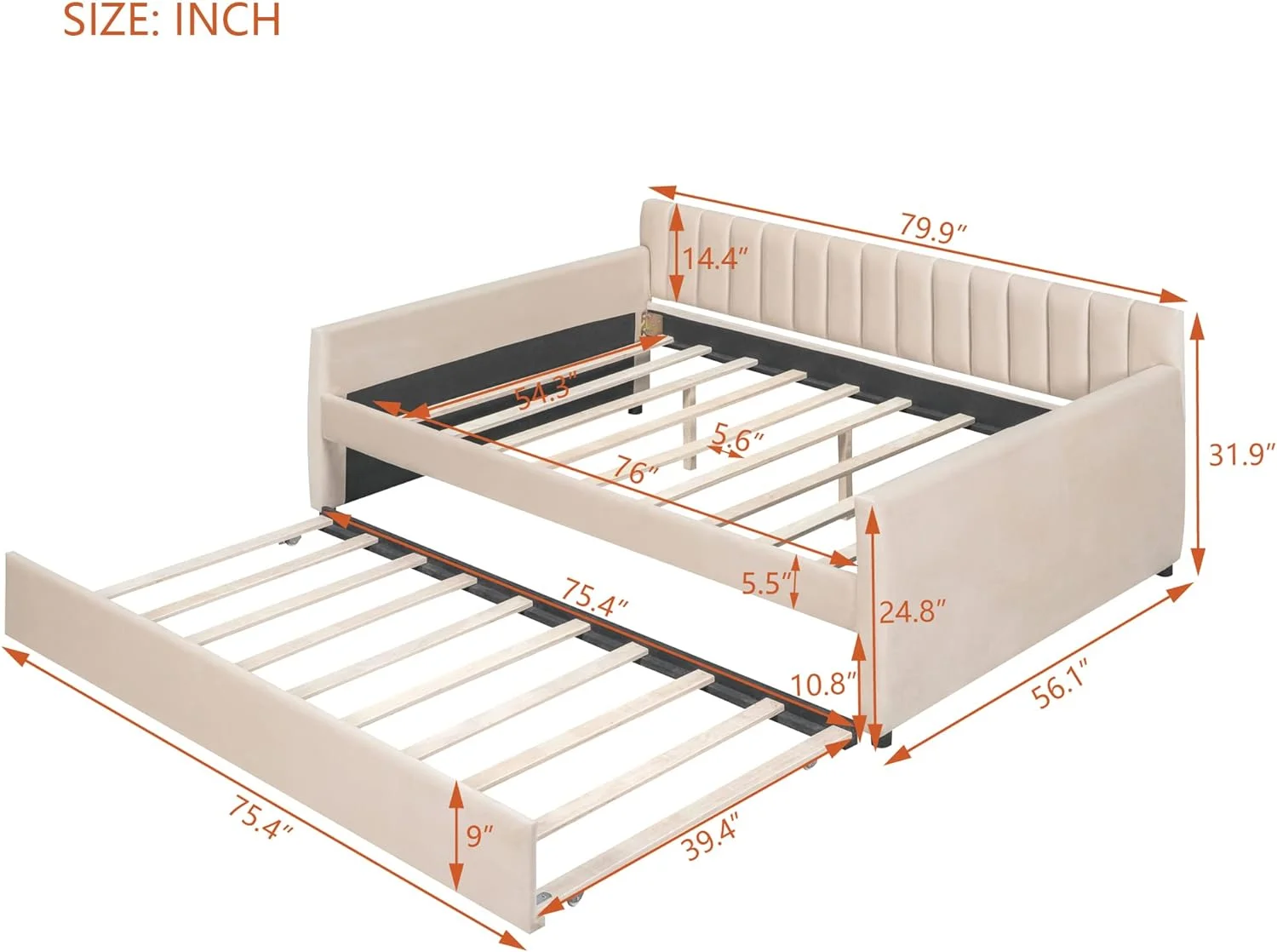 Full Size Upholsered Daybed Wih rudle, Velve Full Sofa Bed Wih Backres Ad Armres, Wood Full Bed Frame For Livigroom Bedroom, o Box Sprig eeded (Velve, Beige)