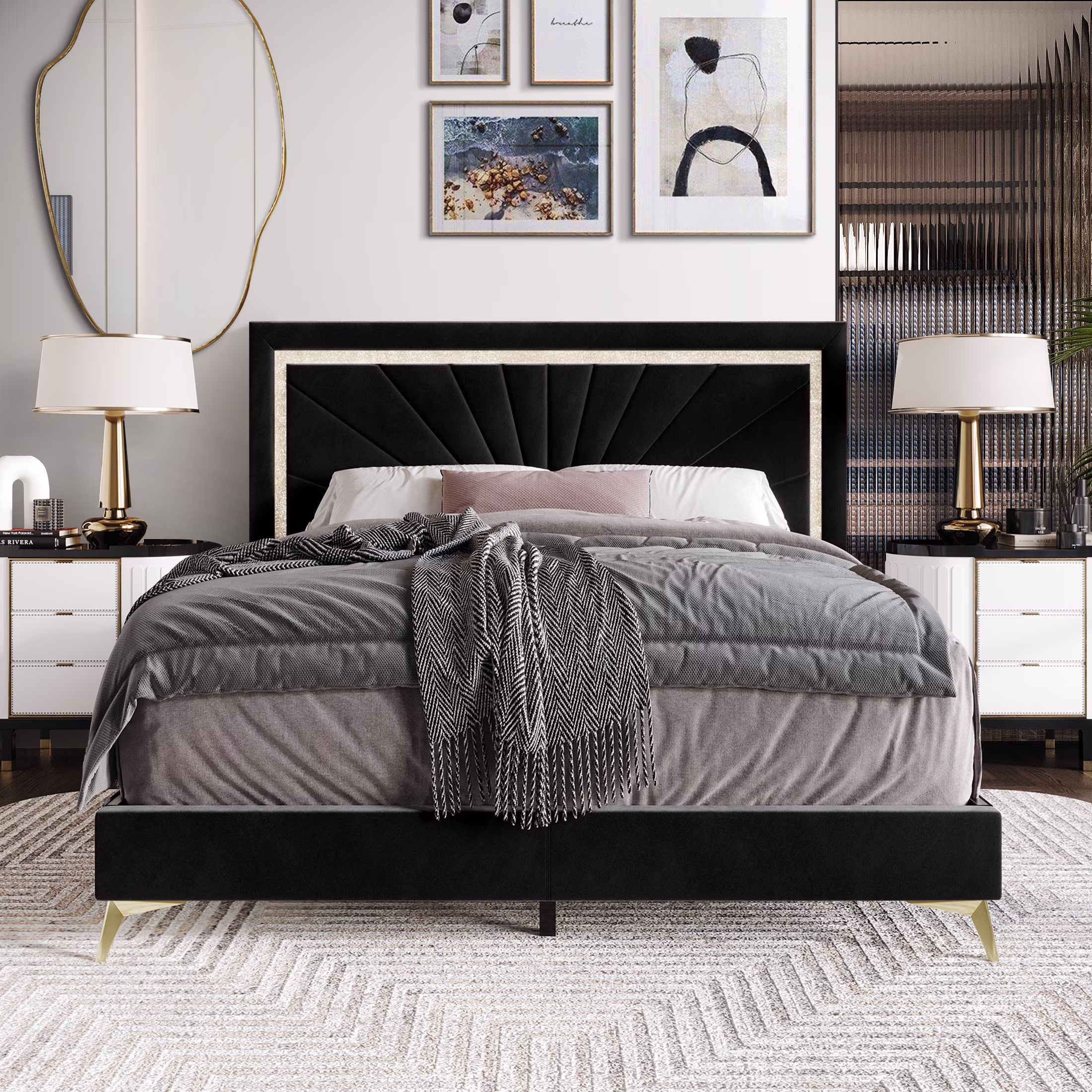 Castle Place Luxurious Diamond Strip Velvet Upholstered Bed Black, King