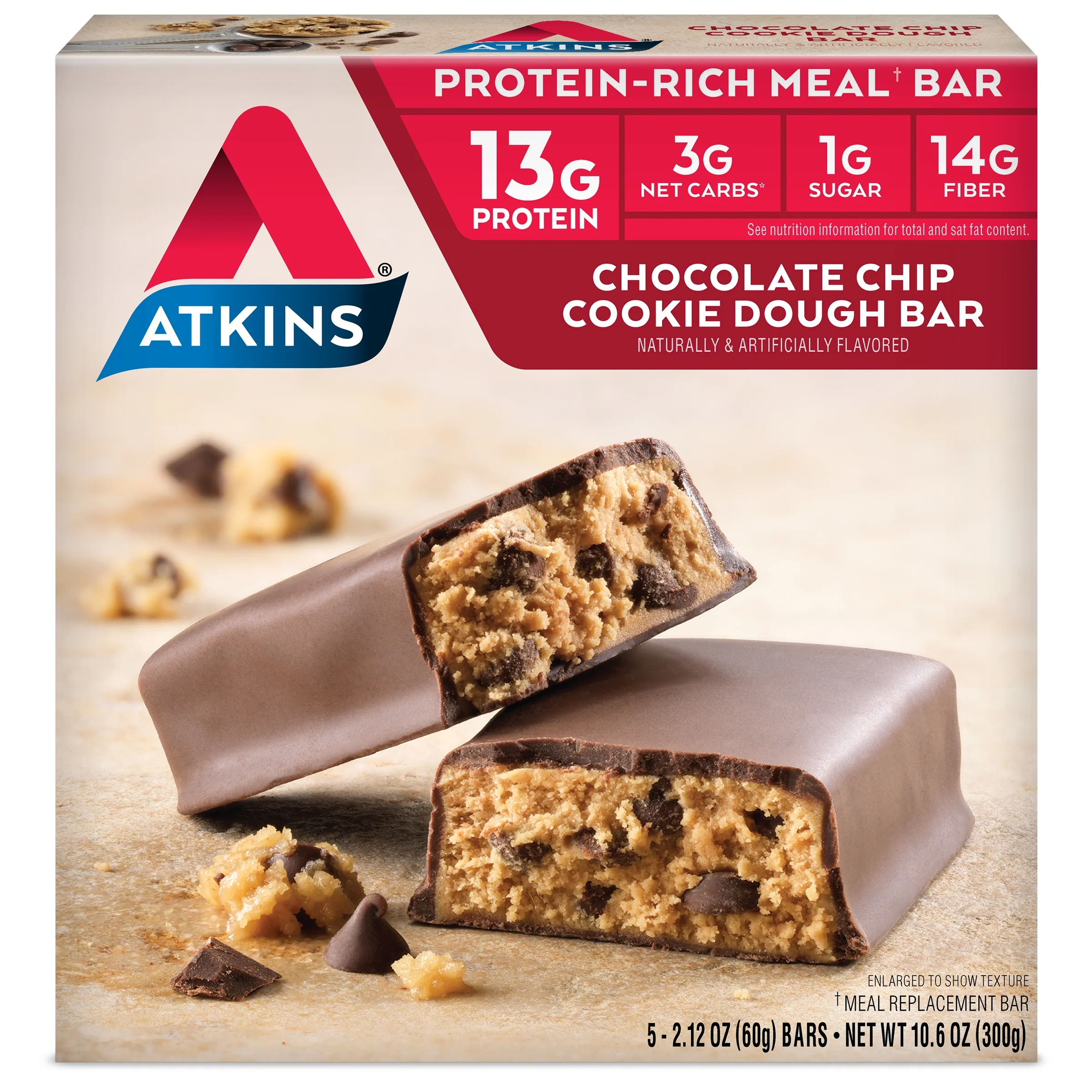 Atkins Chocolate Chip Cookie Dough Protein Meal Bar, High Fiber, Low Sugar, Meal Replacement, 6/5 Packs