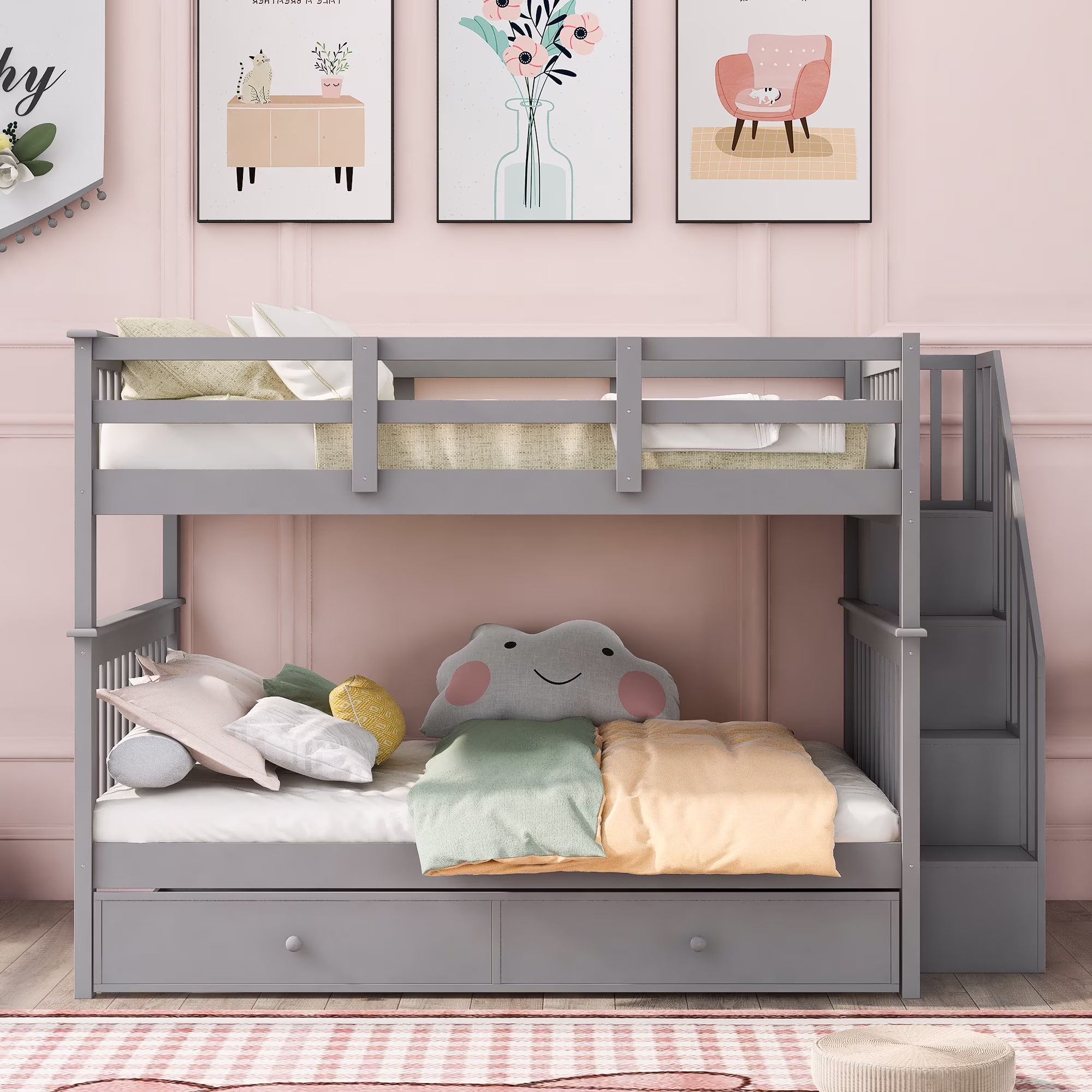Full over Full Stairway Bunk Bed with Twin Trundle, Pine Wood Frame and Stairway with Storage and Guard Rails for Kids, Teens, Boys and Girls, No Box Spring Needed