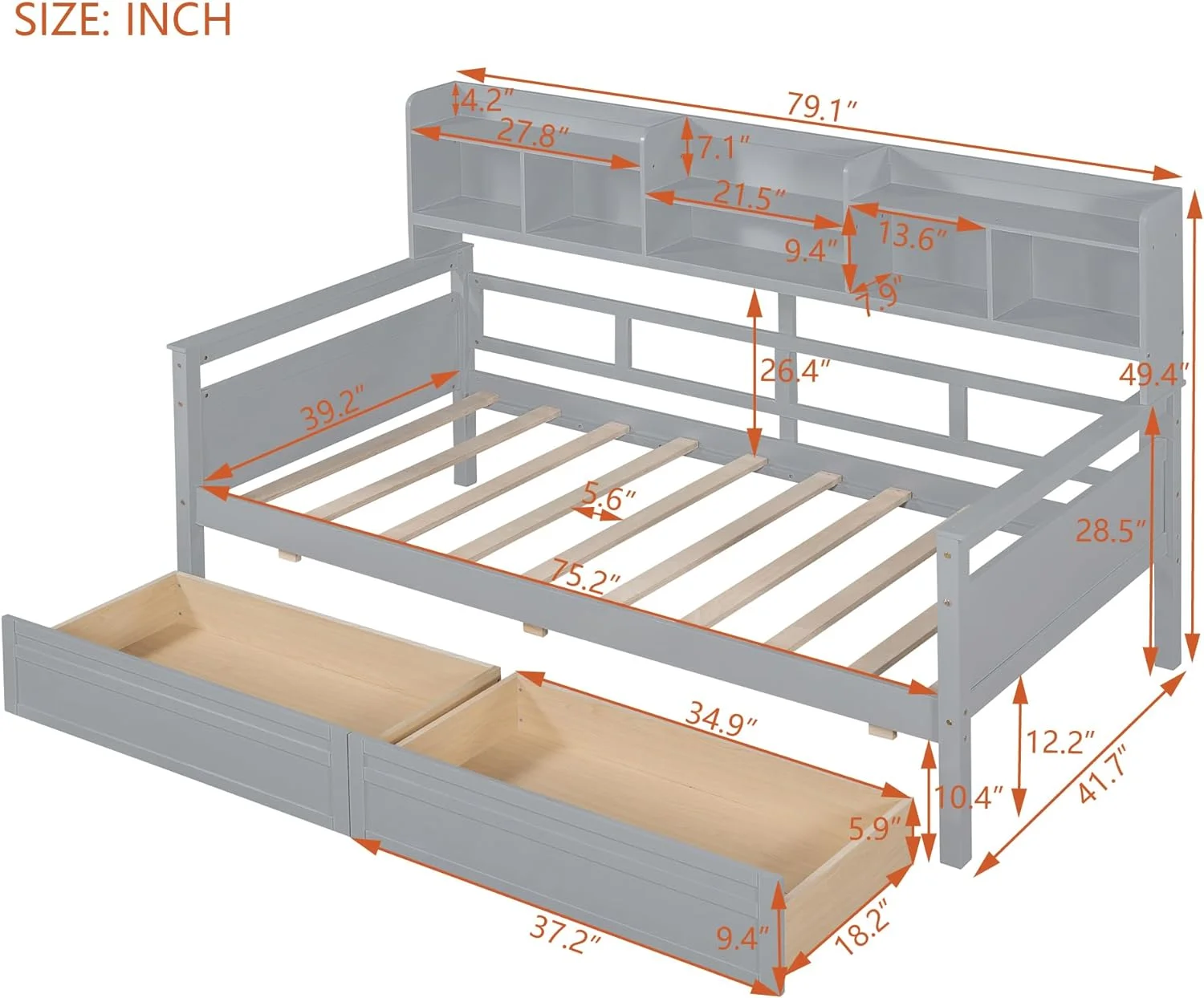 Size Daybed Wih Bookcase Ad Drawers, Wood Daybed Wih Sorage Headboard, Daybed Frame Wih Slas Suppor For Kids ees Aduls, Grey