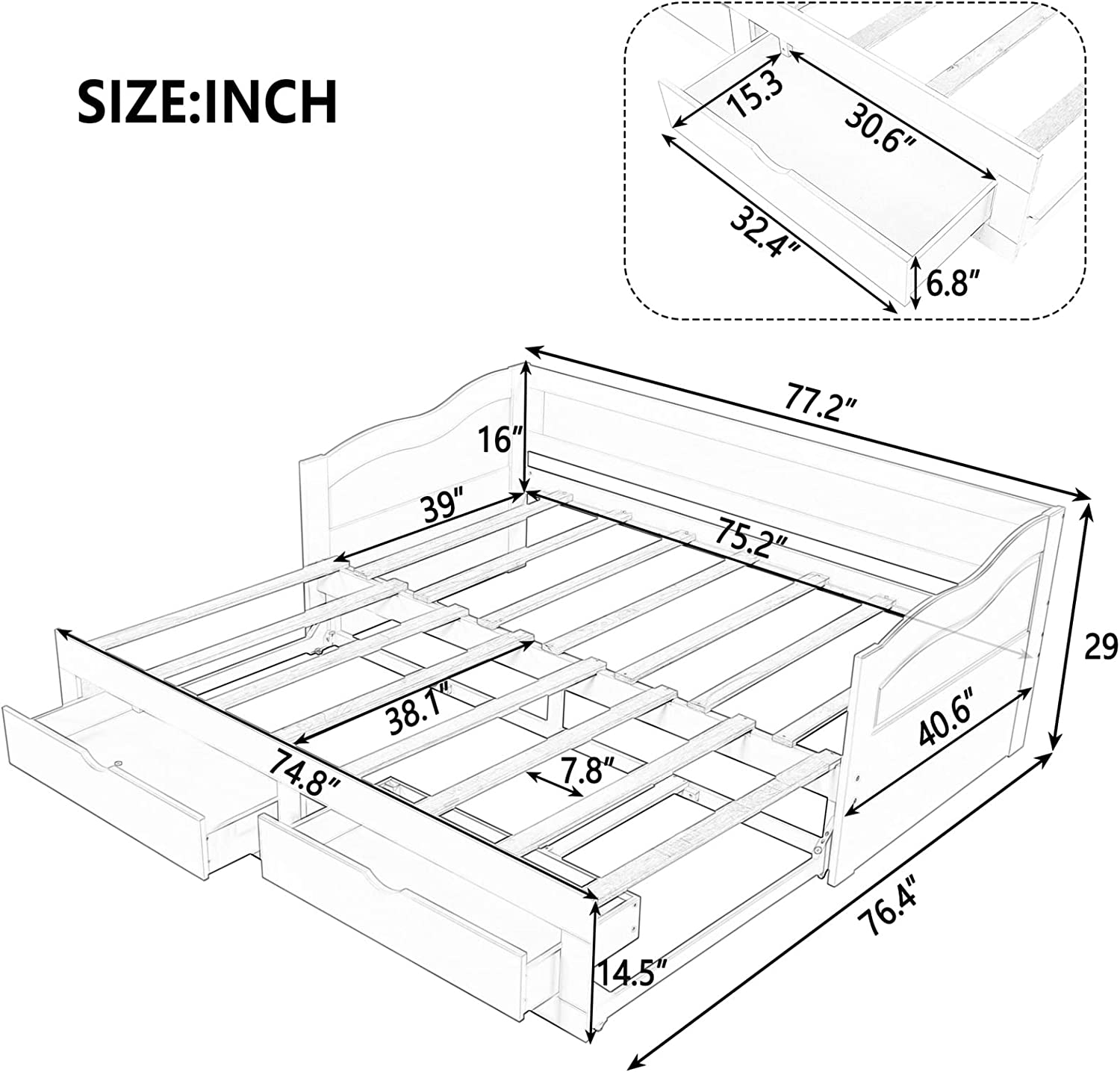Daybed With Drawers And Trundle Wood Extendable Day Bed Frame For Bedroom Living Room, Gray