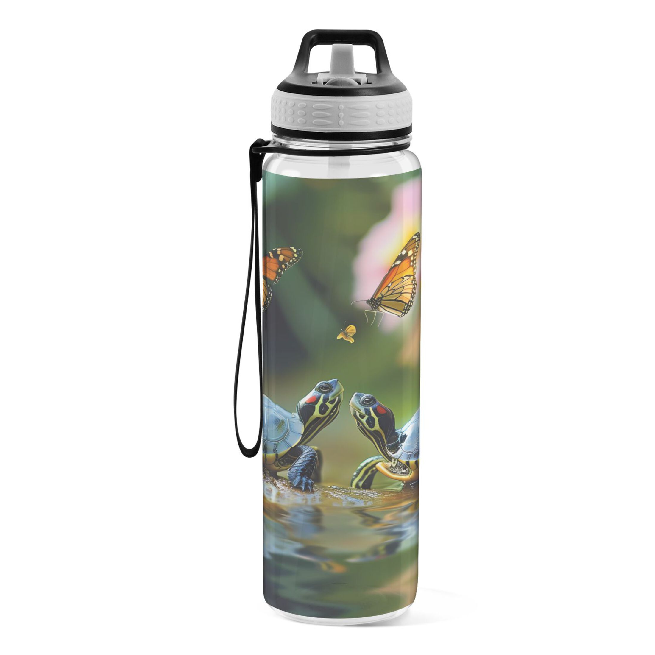 Turtles Butterfly 32oz Sports Water Bottles Leakproof Tritan Bottle with Straw BPA Free Clear Bottle for Fitness Gym Outdoor Cycling