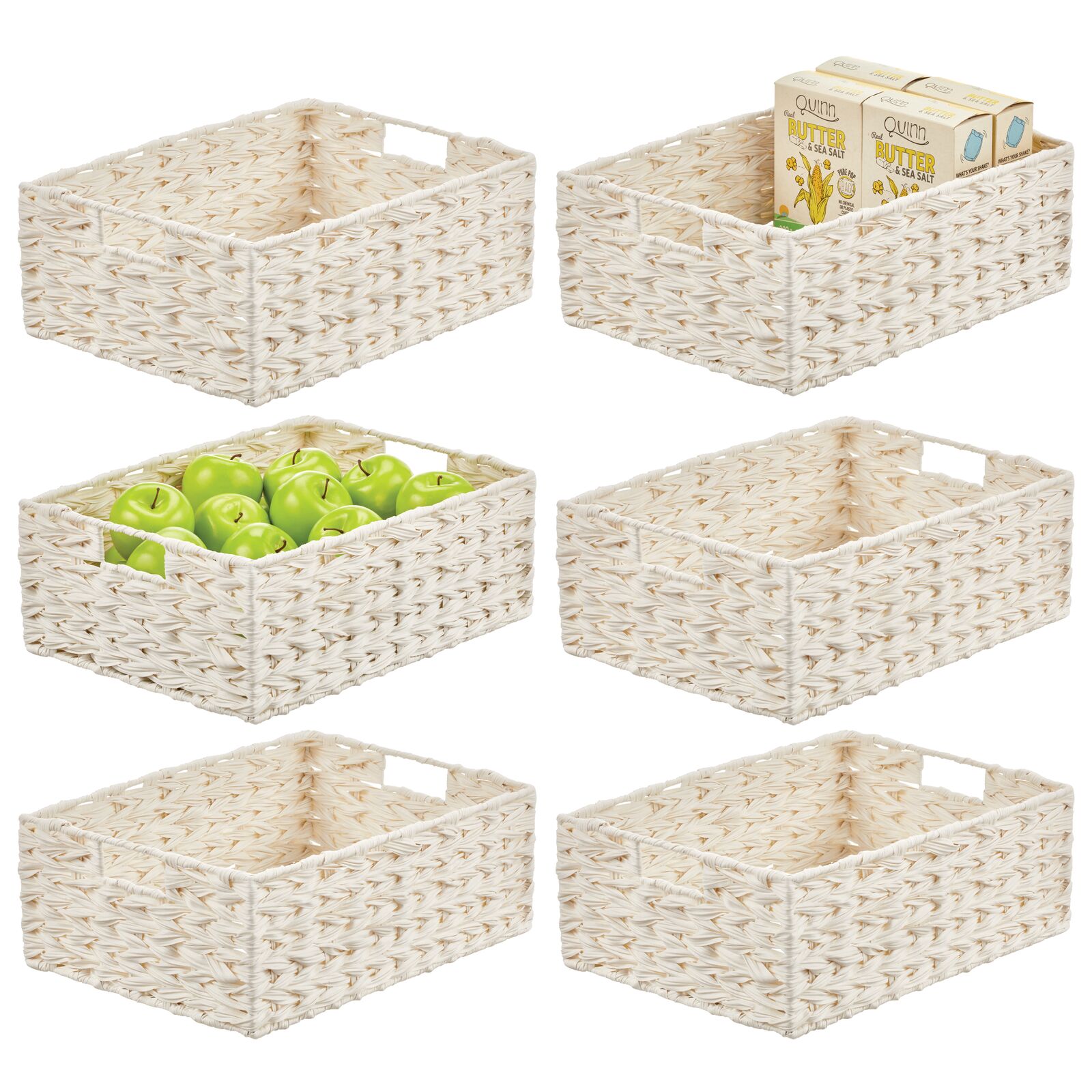 mDesign Woven Farmhouse Kitchen Pantry Food Storage Basket Box, 6 Pack, White