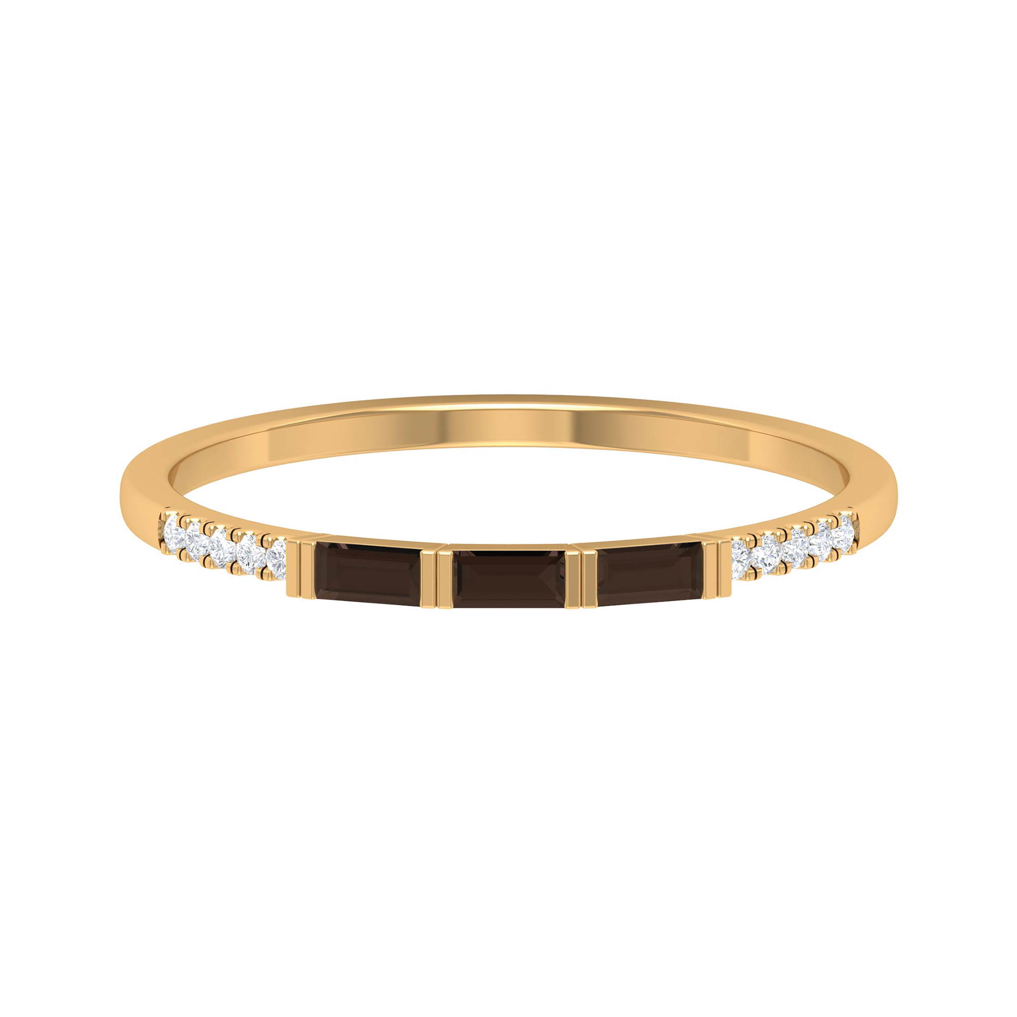 1/4 CT Bar Set Smoky Quartz and Diamond Three Stone Stackable Ring, 10K Yellow Gold, US 6.50