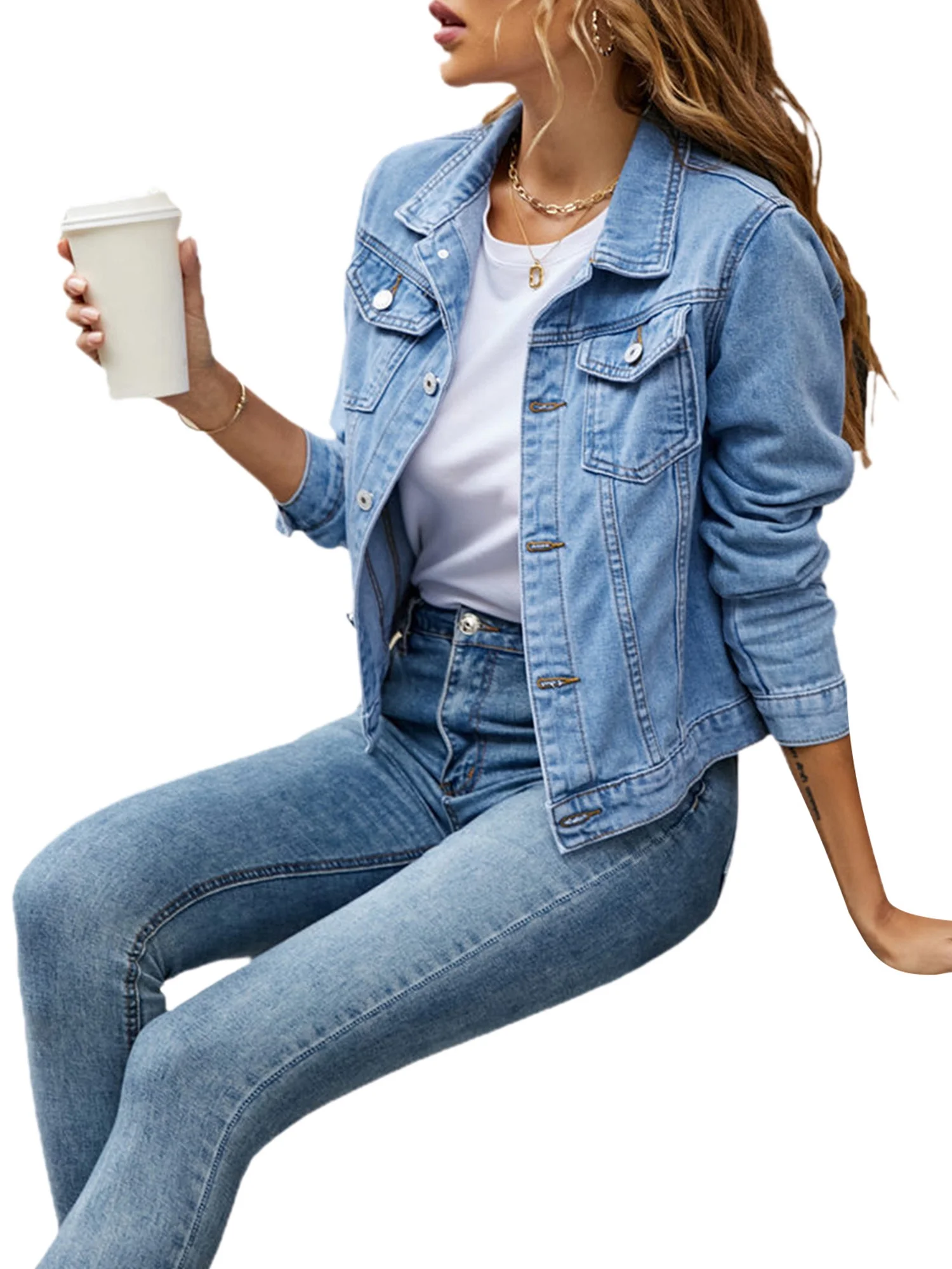 Youweixiong Women's Solid Denim Jacket Casual Long Sleeve Button Down Jean Jacket