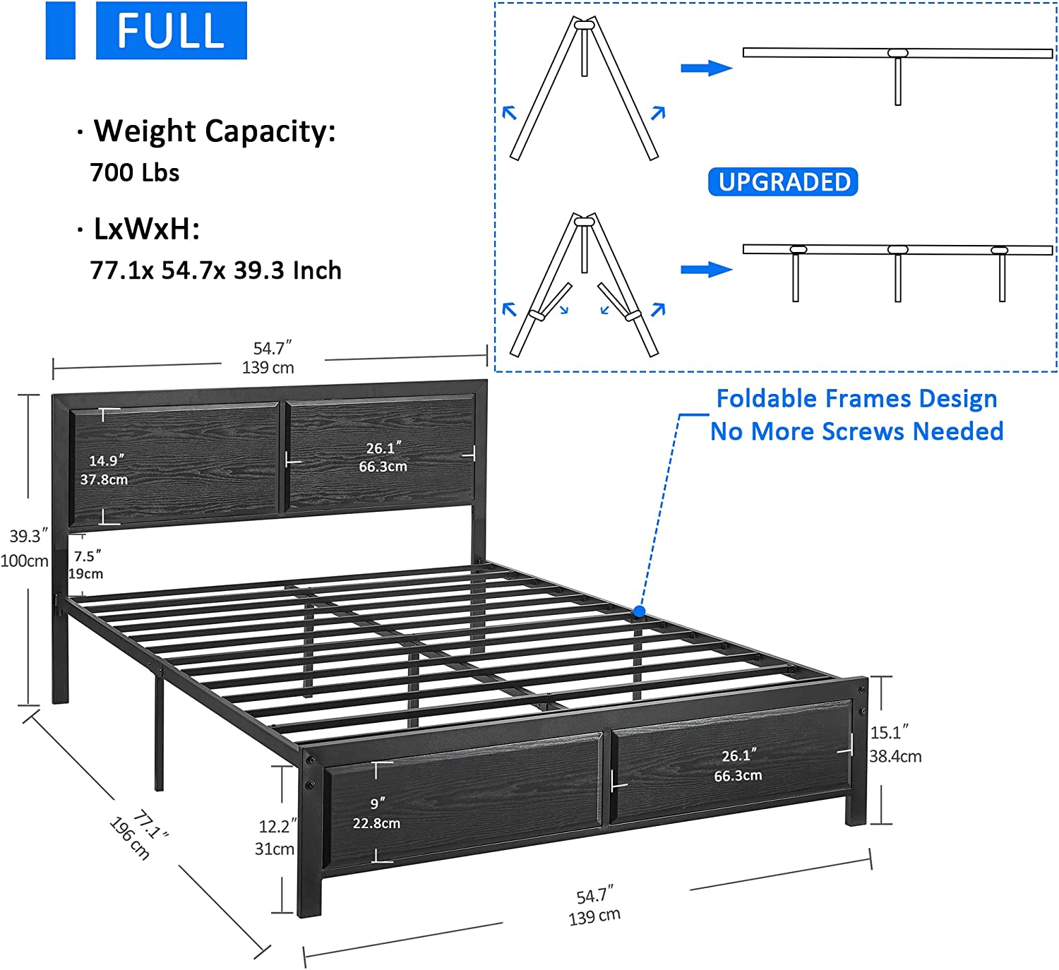 YINCHEN Full Size Platform Bed Frame with Black Wood Headboard, Mattress Foundation, Strong Metal Slats Support, No Box Spring Needed