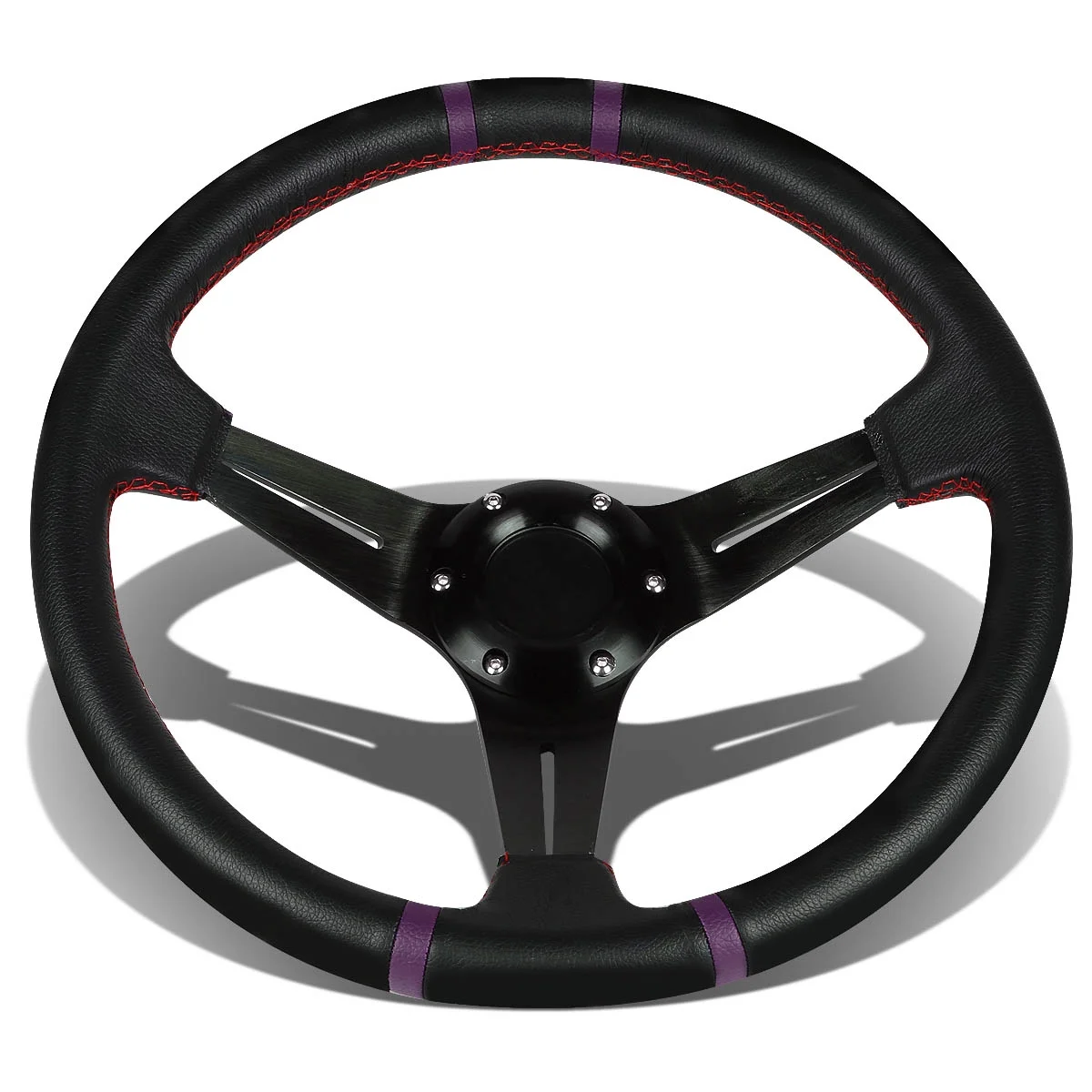 DNA Motoring SW-T410-PP 350mm Deep Dish Style 6-Bolt 3-Spoke Red Stitched Black PVC Leather with Purple Stripe Racing Steering Wheel