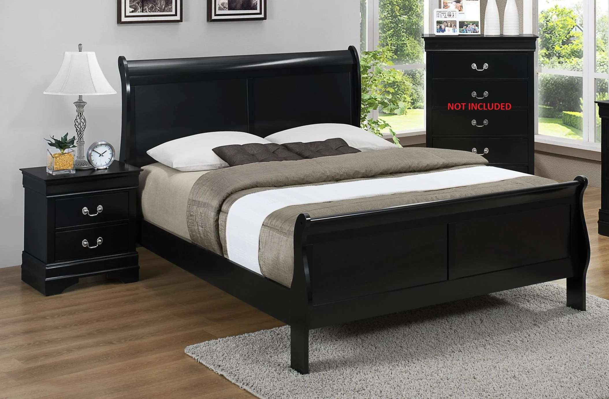 3pc Contemporary Louis Philip Queen Panel Bed Nightstand Set Wooden Bedroom Furniture Black Finish