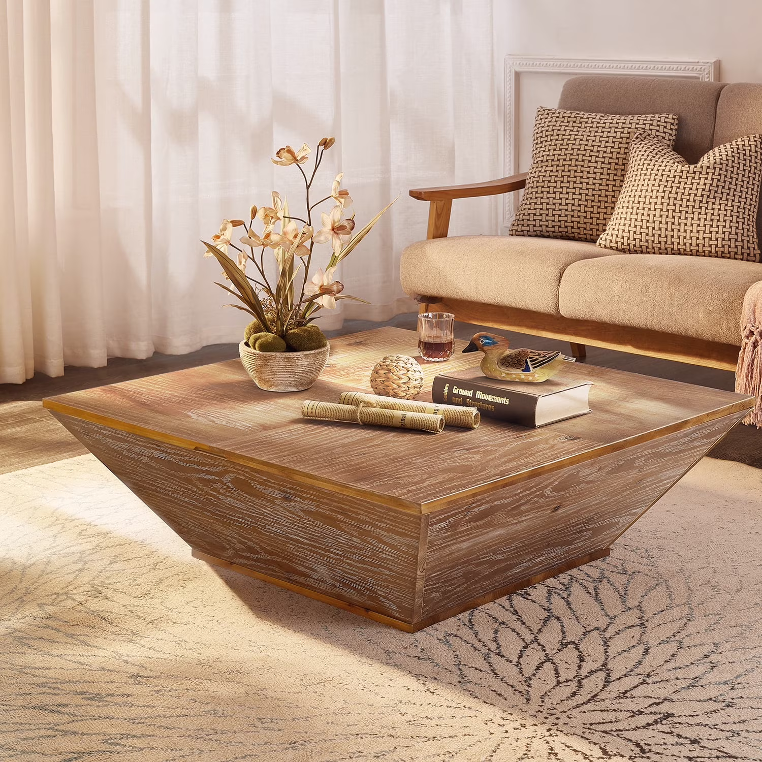 Gexpusm Farmhouse Coffee Table with Storage, Retro Square Wood Center Table for Living Room