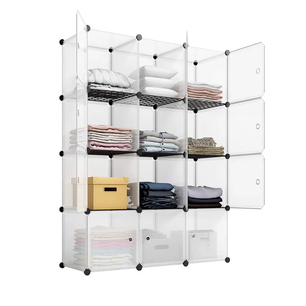 DIY 12-Cube Portable Storage Organizer, Plastic Closet Clothes Wardrobe Cabinet W/Doors for Bedroom, Dorm Room, College, Living Room - White