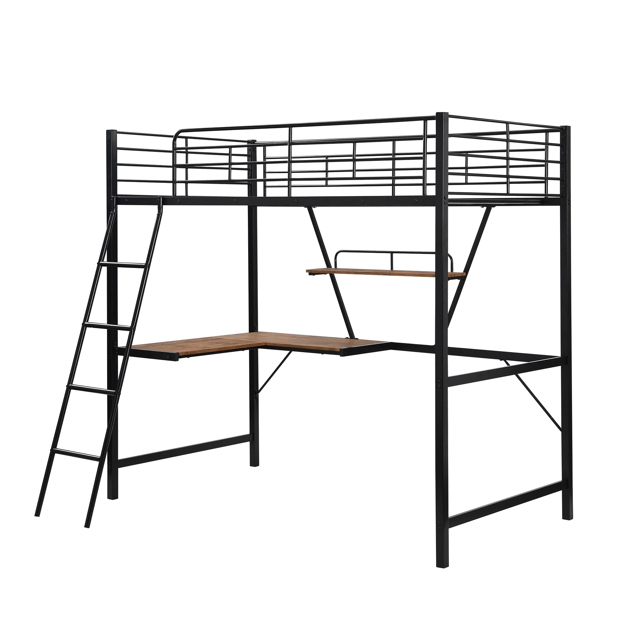 MMTX Metal Loft Twin Bed with L-shaped Desk and Shelf - Black