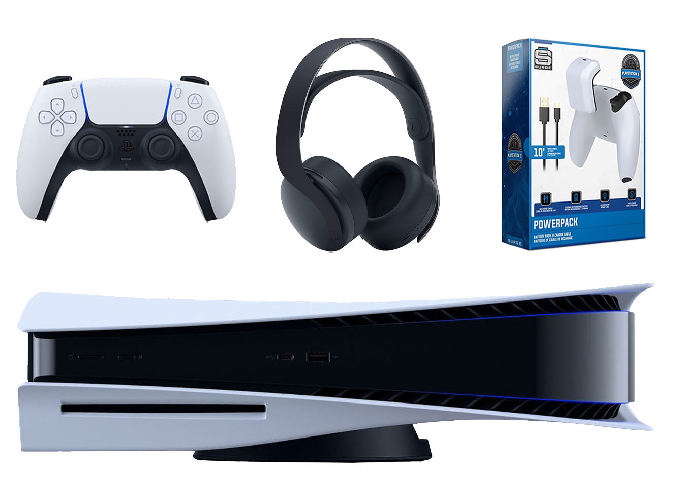 Sony Playstation 5 Disc Version Console with Black PULSE 3D Wireless Gaming Headset and Surge PowerPack PS5 Battery Pack & Charge Cable