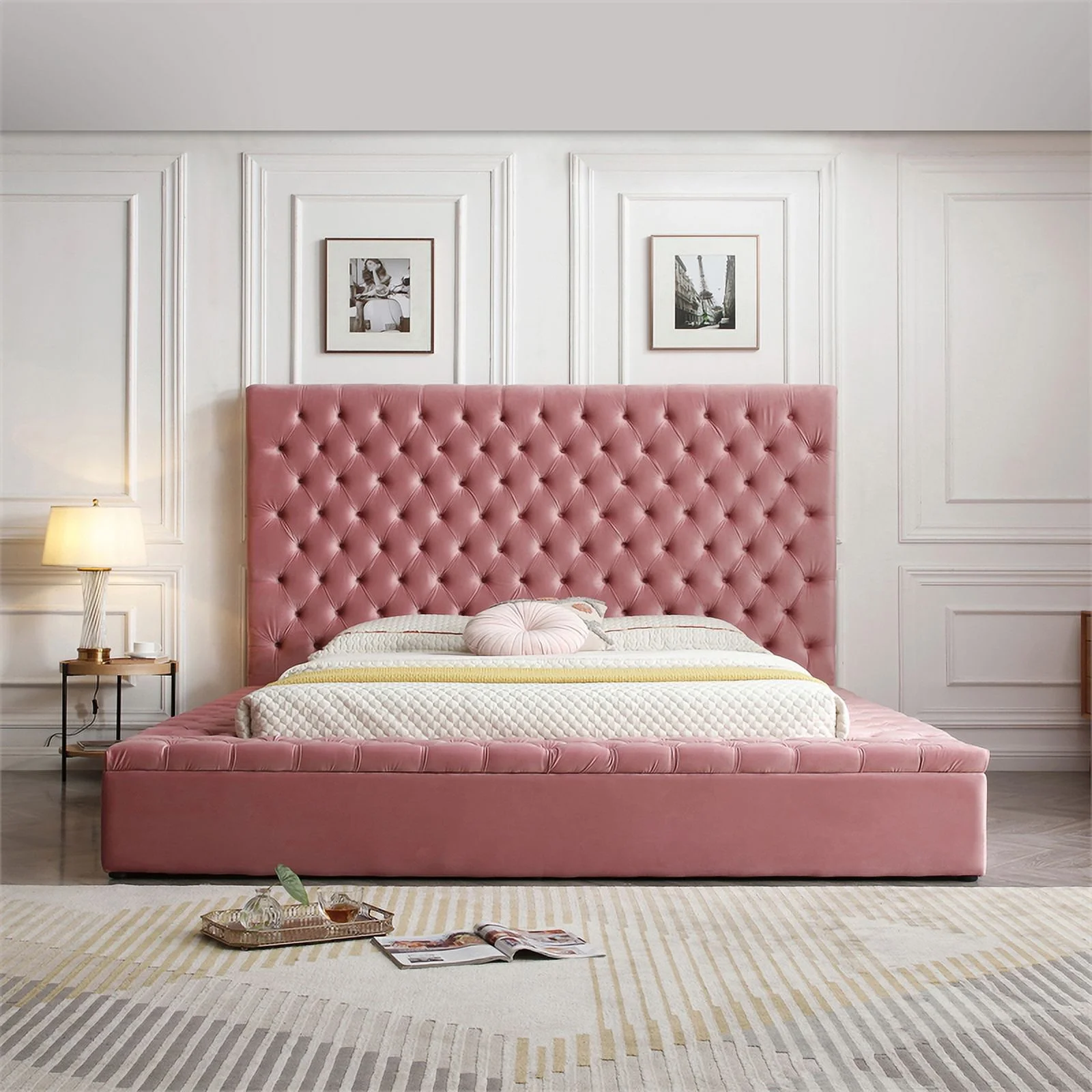 Better Home Products Cosmopolitan Velvet Upholstered Platform King Bed in Pink