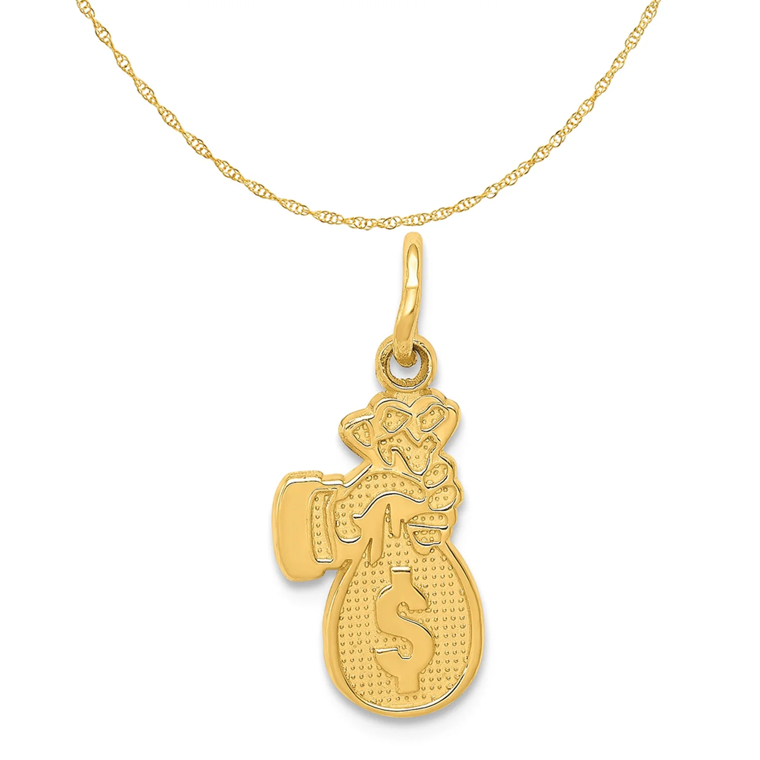 Carat in Karats 14K Yellow Gold Money Bag Pendant Charm (21mm x 9mm) With 14K Yellow Gold Lightweight Rope Chain Necklace 20''