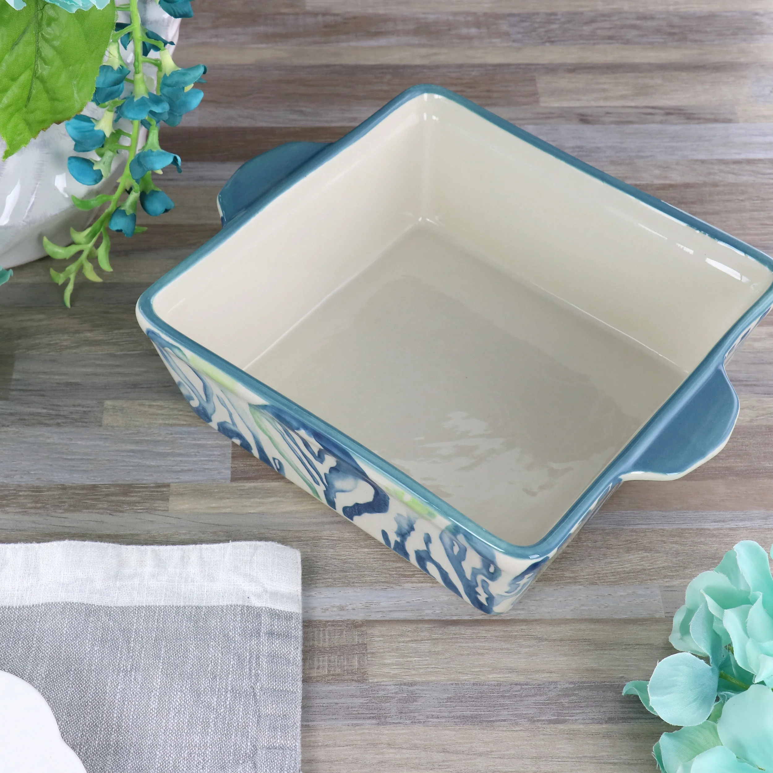 Spice By Tia Mowry 2 Quart Square Stoneware Bakeware in Blue and White