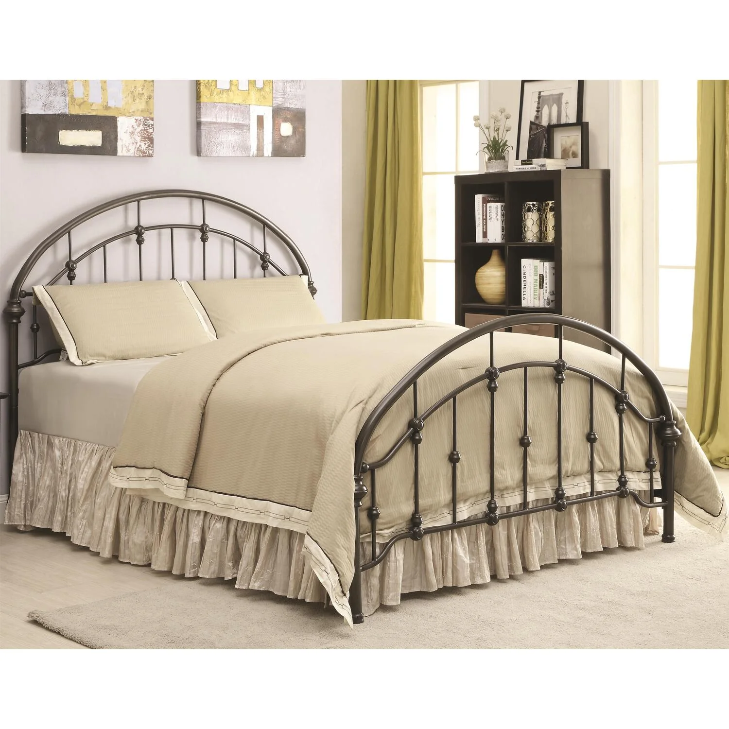 Metallic Twin Size Bed with Double Arched Headboard & Footboard, Dark Bronze