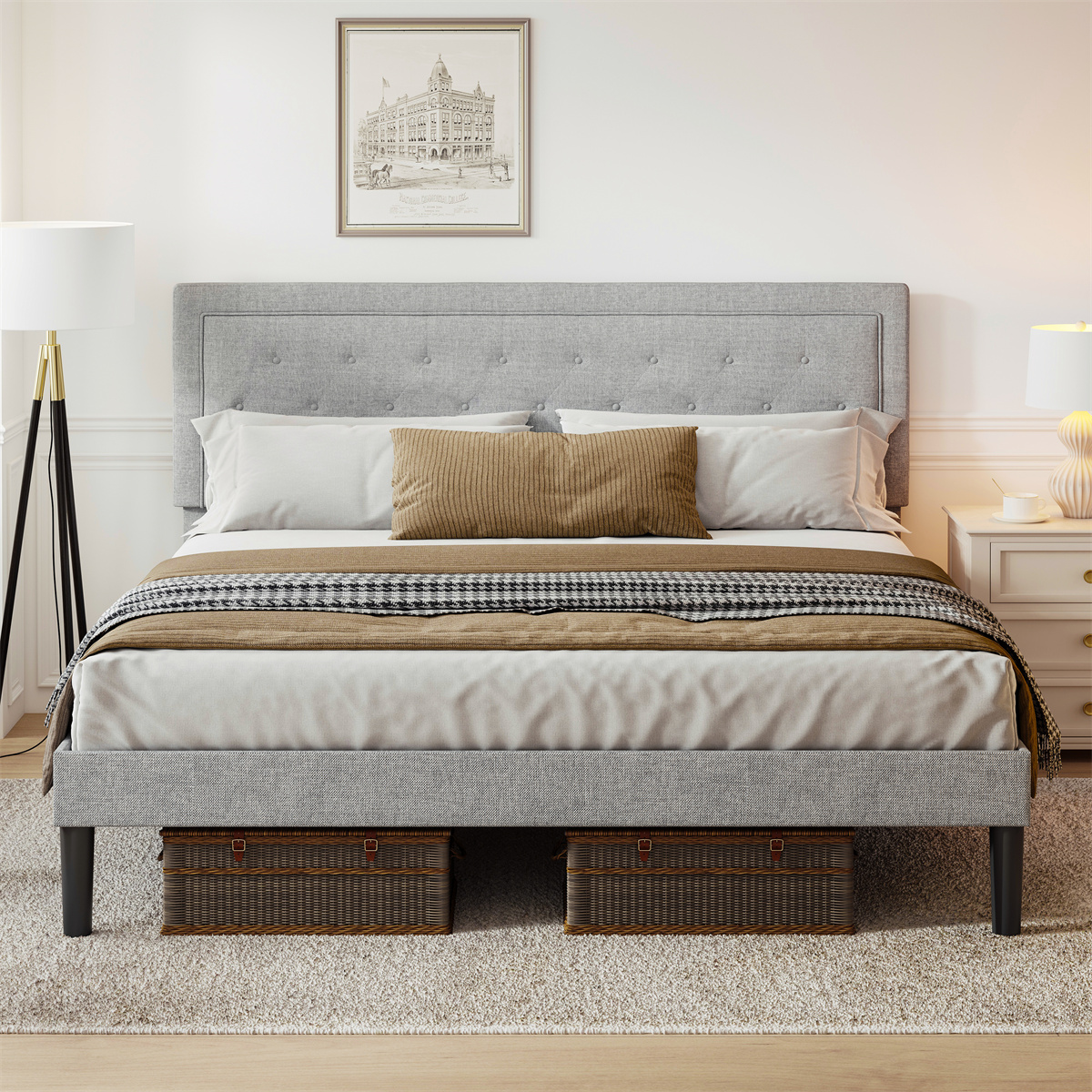 Upholstered Metal Platform Bed with Adjustable Border Headboard Queen Size