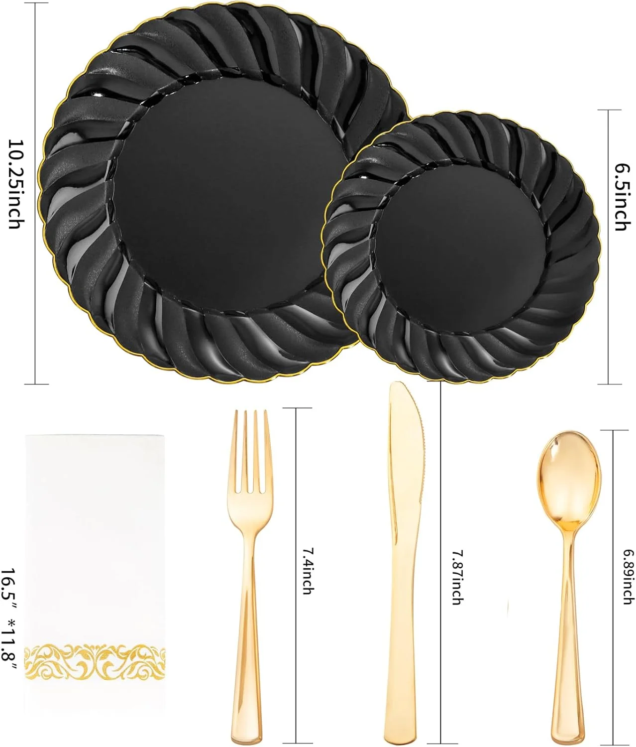 150PCS Black and Gold Plastic Plates - Black Plastic Plates with Gold Rim Include 25 Dinner Plates, 25 Dessert Plates, 75 Gold Plastic Silverware, 25 Napkins for Halloween