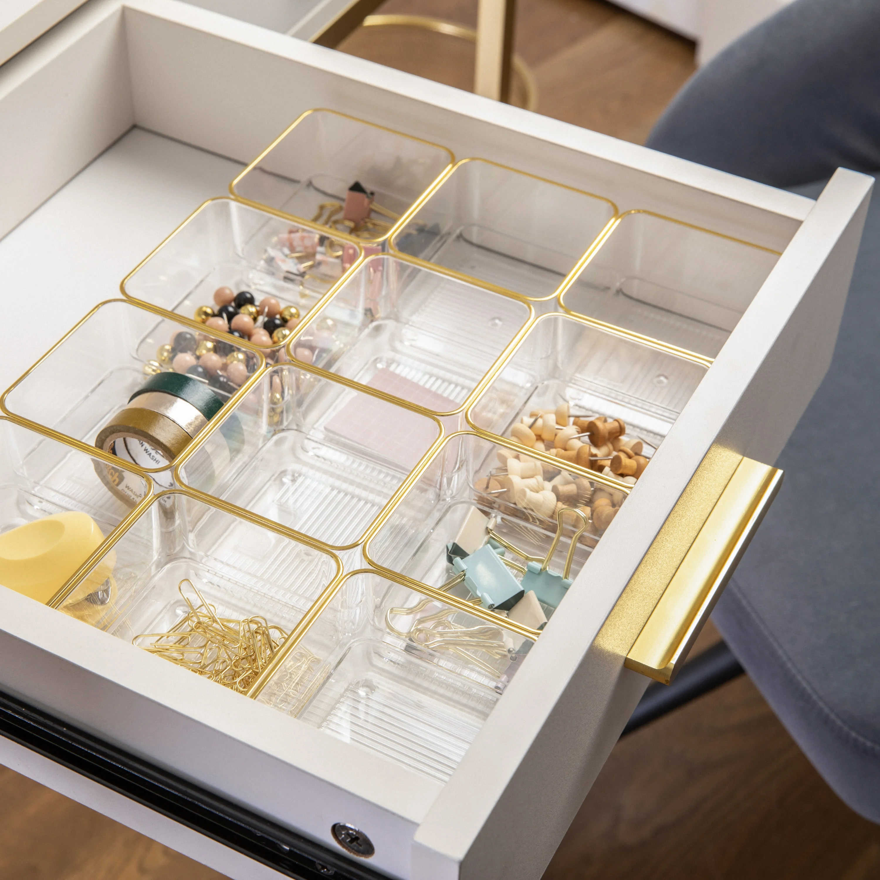 Martha Stewart Kerry 12 Pack Plastic Stackable Office Desk Drawer Organizers with Gold Trim, 3