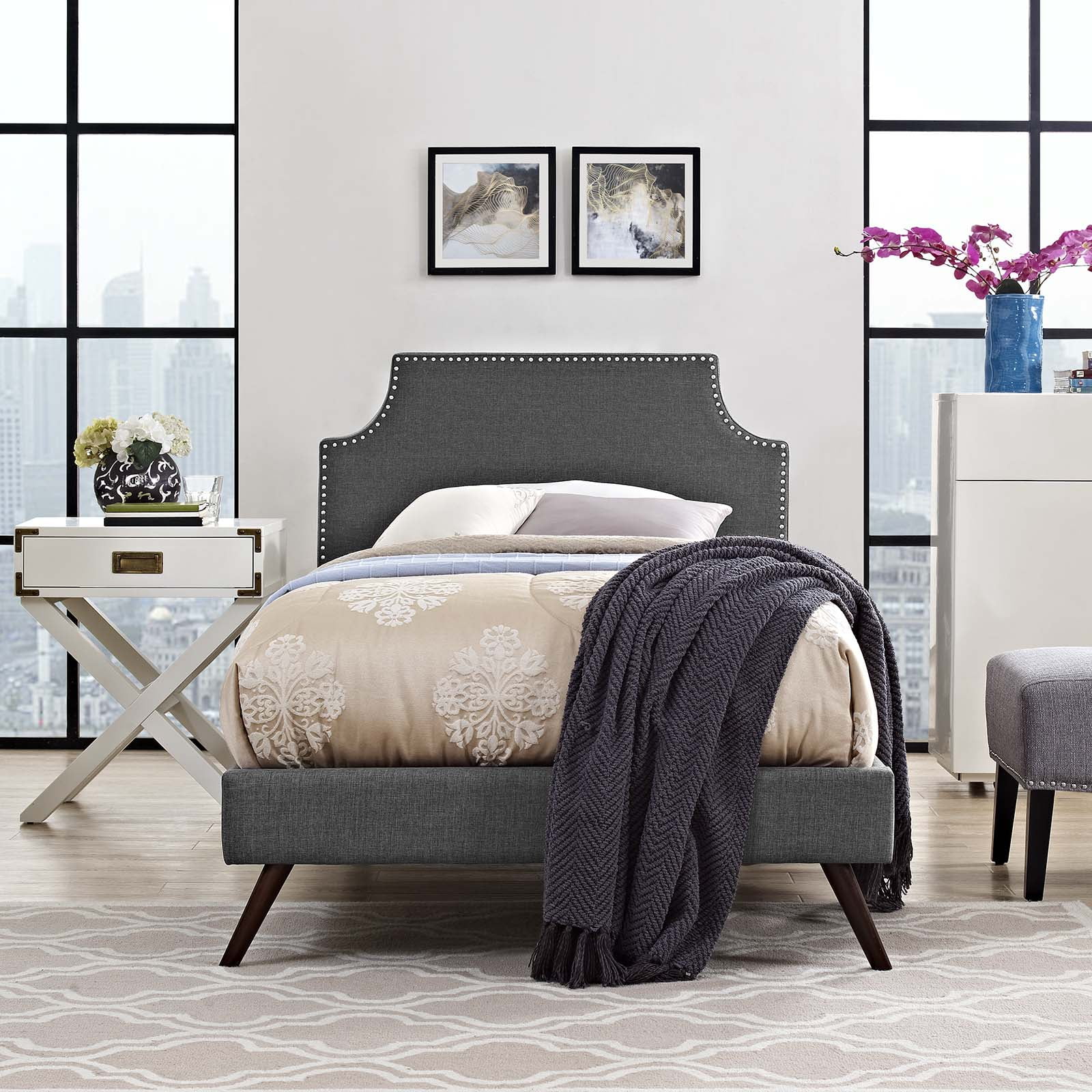 Modern Contemporary Urban Design Bedroom Twin Size Platform Bed Frame, Fabric Copper Nail Rivet, Grey Gray