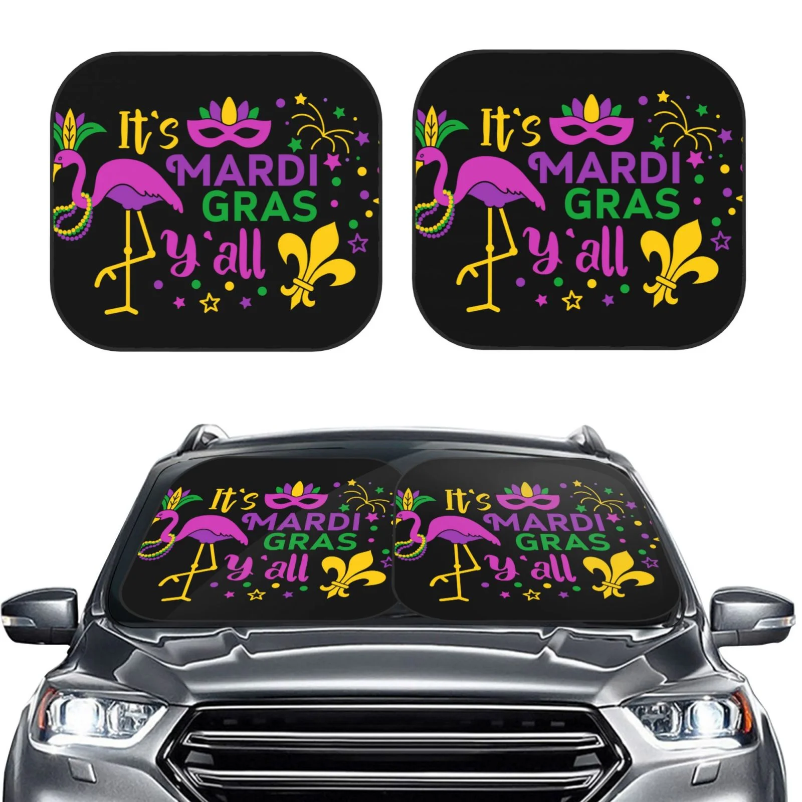 Lukts Mardi Gras With Flamingo Print 2 Piece Car Sun Shade Windshield,Foldable Car Shade Front Windshield With Keeps Your Vehicle Cool, For Most Sedans Suv And Trucks - Small