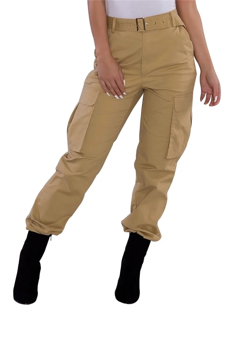 Fanvereka Women Solid-Color High Waist Cargo Pants with Pockets Casual Trousers