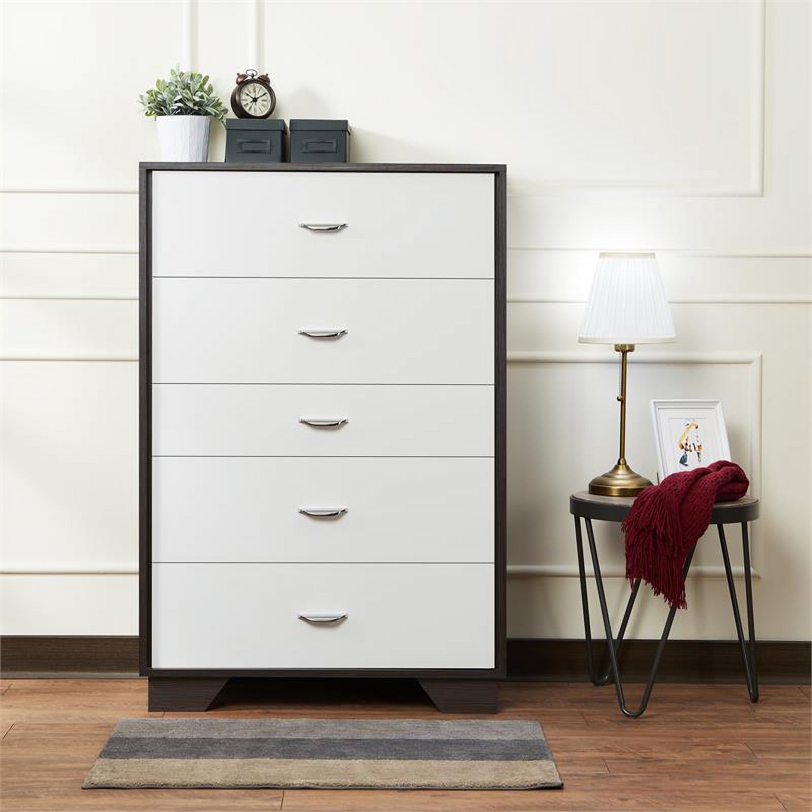 Pemberly Row Wood Rectangular Chest with 5 Storage Drawers in White and Espresso