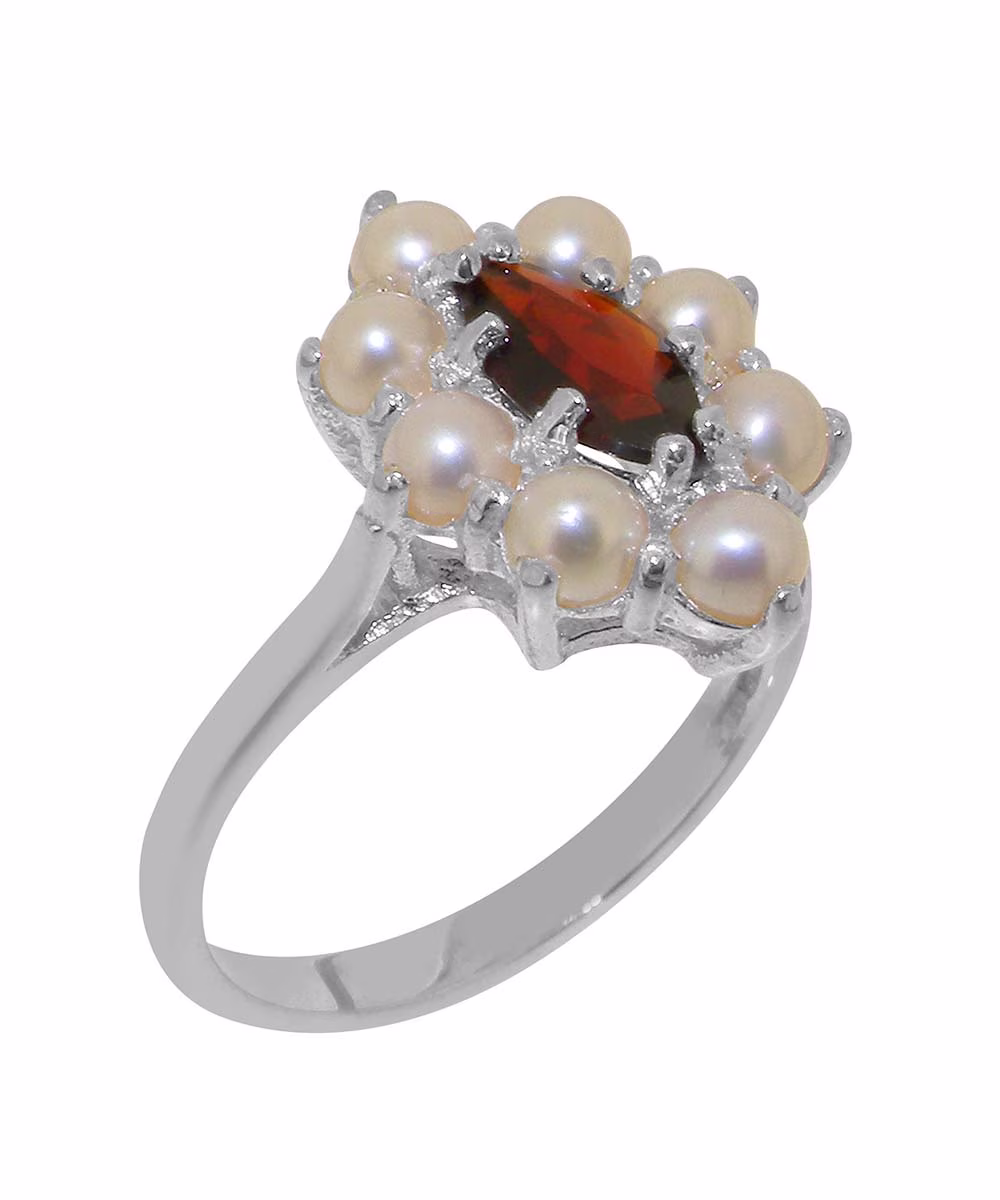 LBG British Made Solid 18k White Gold ring with Natural Garnet & Cultured Pearl Womens Engagement Ring - 33 size options - Size 9.75