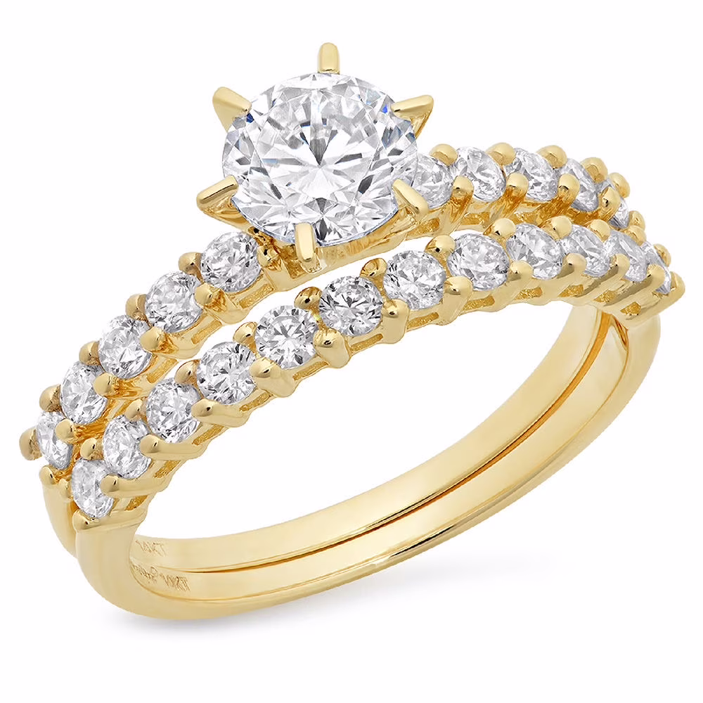 1.66 ct Brilliant Round Cut Synthetic Moissanite 18K Yellow Gold Solitaire with Accents Bridal Set SZ 6.75