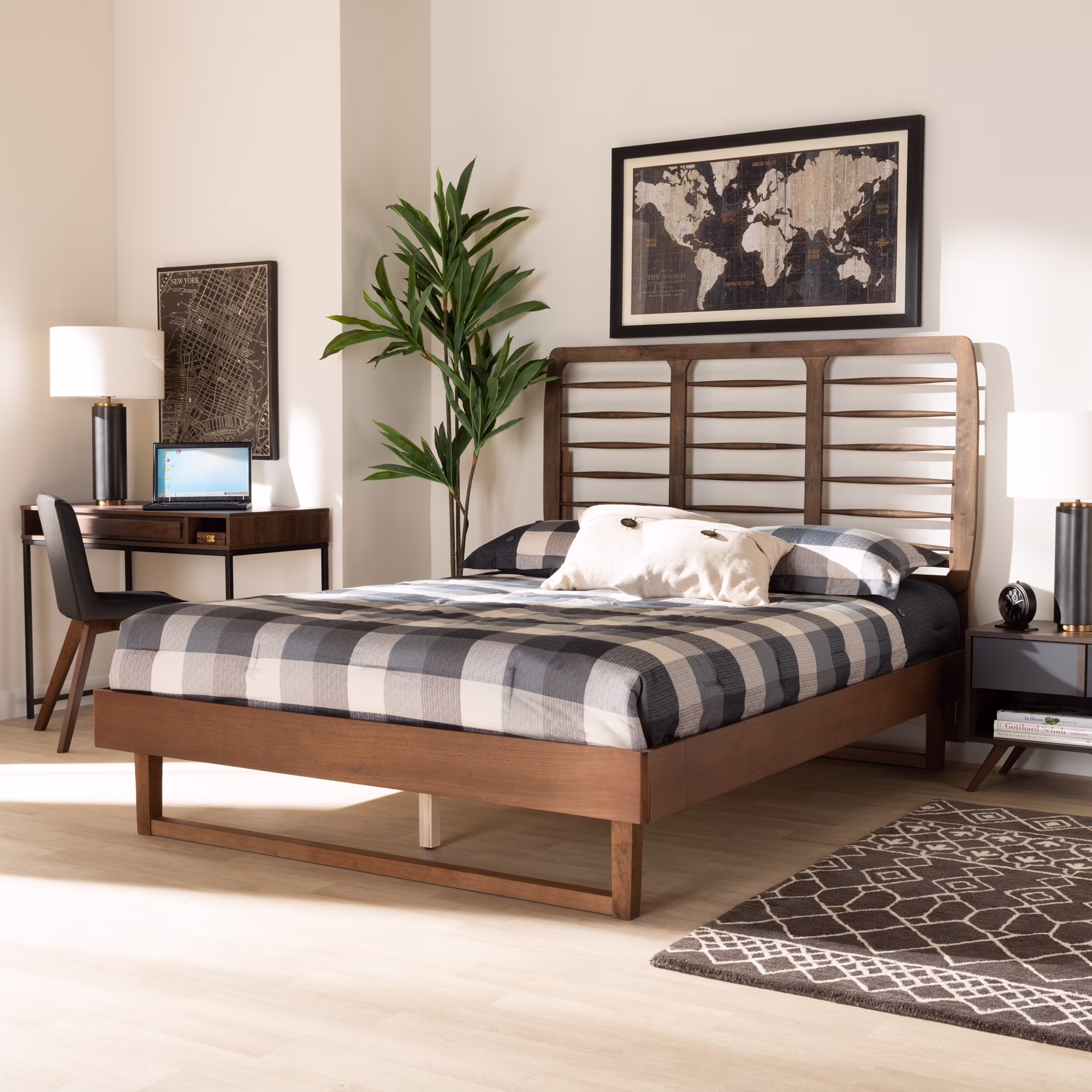 Baxton Studio Lucie Contemporary/Modern Engineered Wood Textured Platform Bed, Full, Walnut Brown