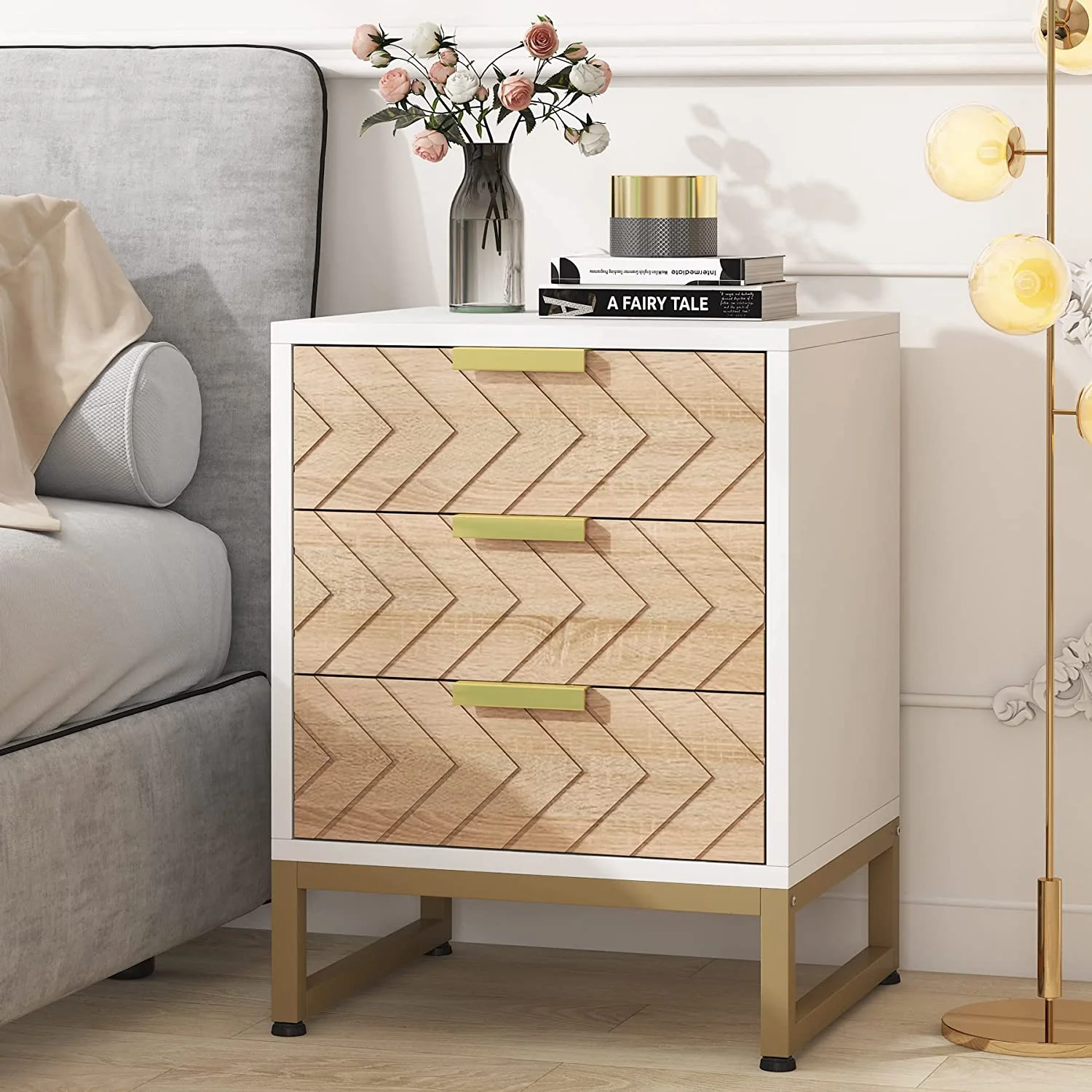 Tribesigns Nightstand with 3 Storage Drawers, Modern Bedside Table with Metal Frame & Brown Ripple for Bedroom Living Room, White/Gold