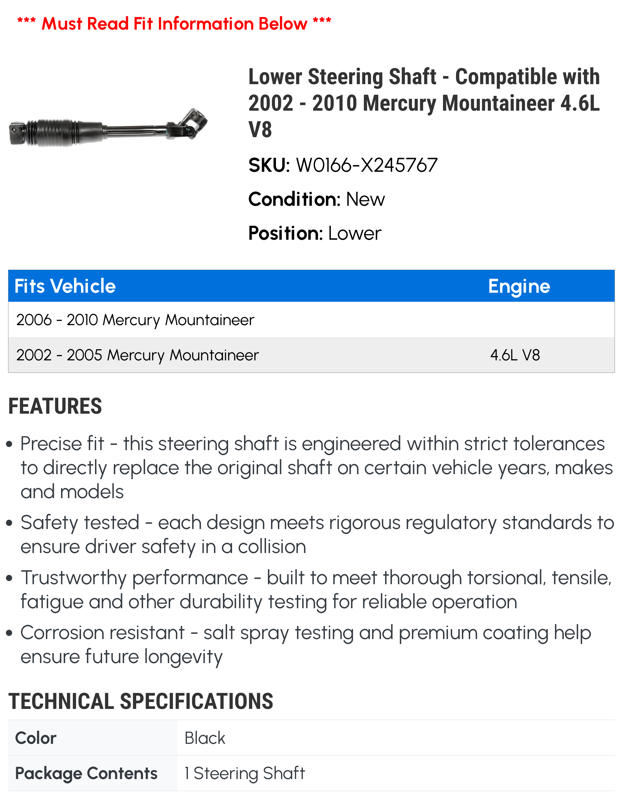Lower Steering Shaft - Compatible with 2002 - 2010 Mercury Mountaineer 4.6L V8 2003 2004 2005 2006 2007 2008 2009