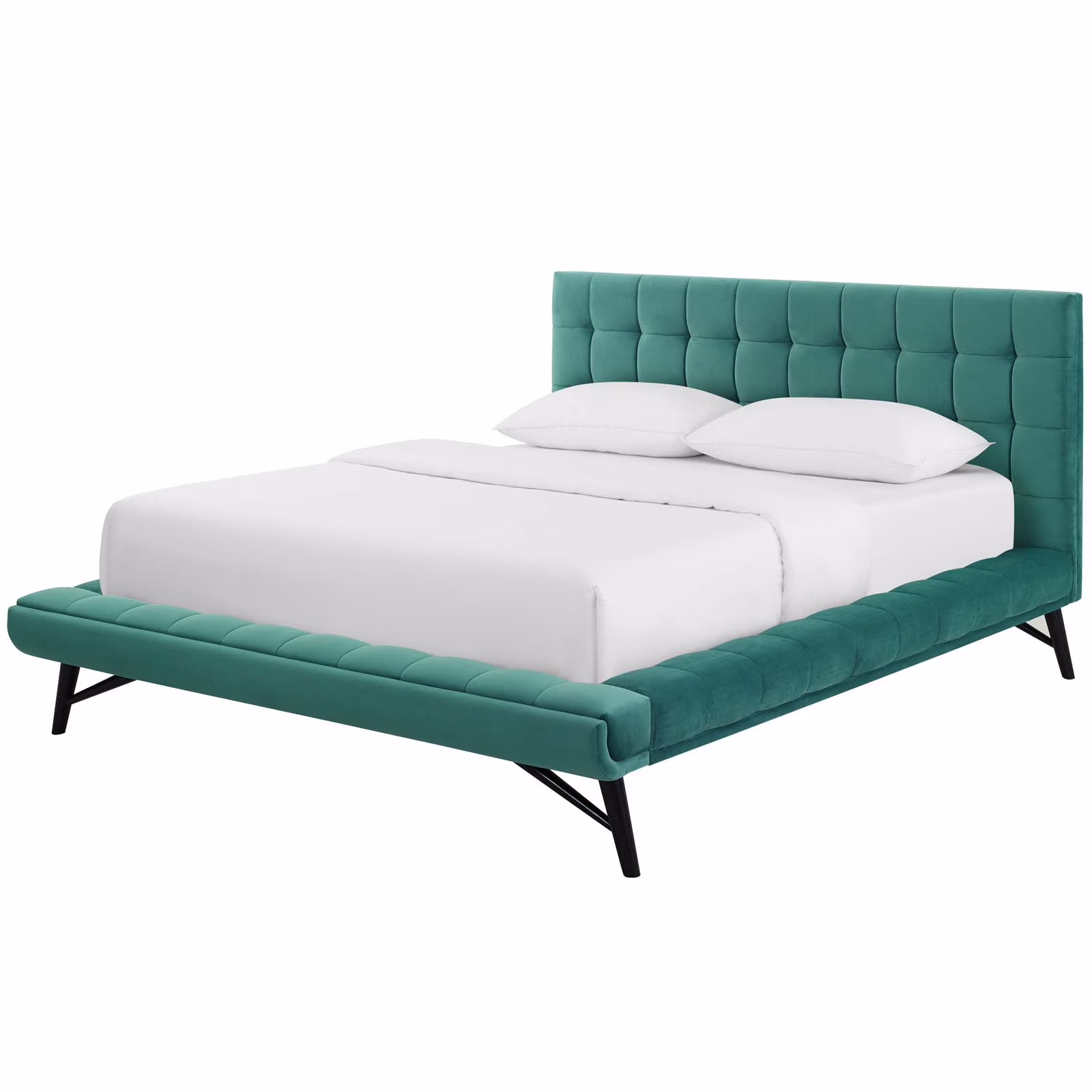 Contemporary Modern Urban Designer Bedroom Queen Size Platform Bed Frame, Velvet Fabric, Aqua Blue