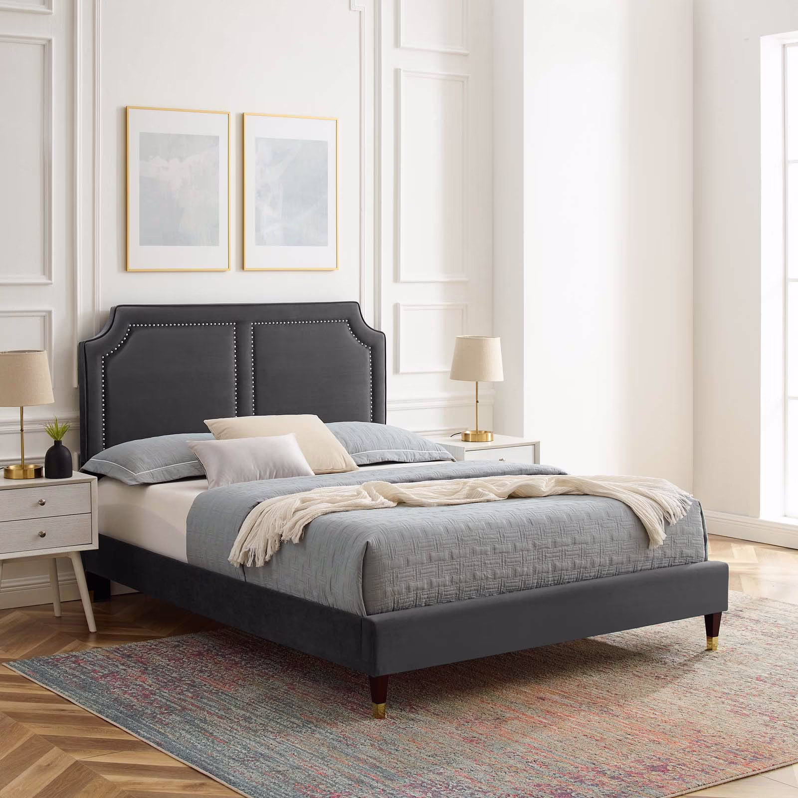 Modway Novi Performance Velvet Queen Bed in Charcoal